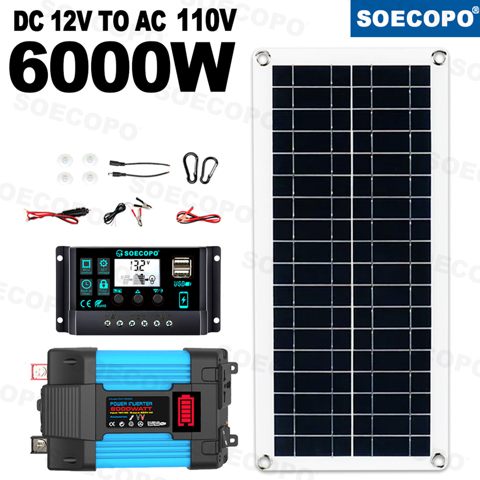 6000W Off-Grid Solar System Complete Kit Dual12V/24V To 110V/220V Inverter 100A