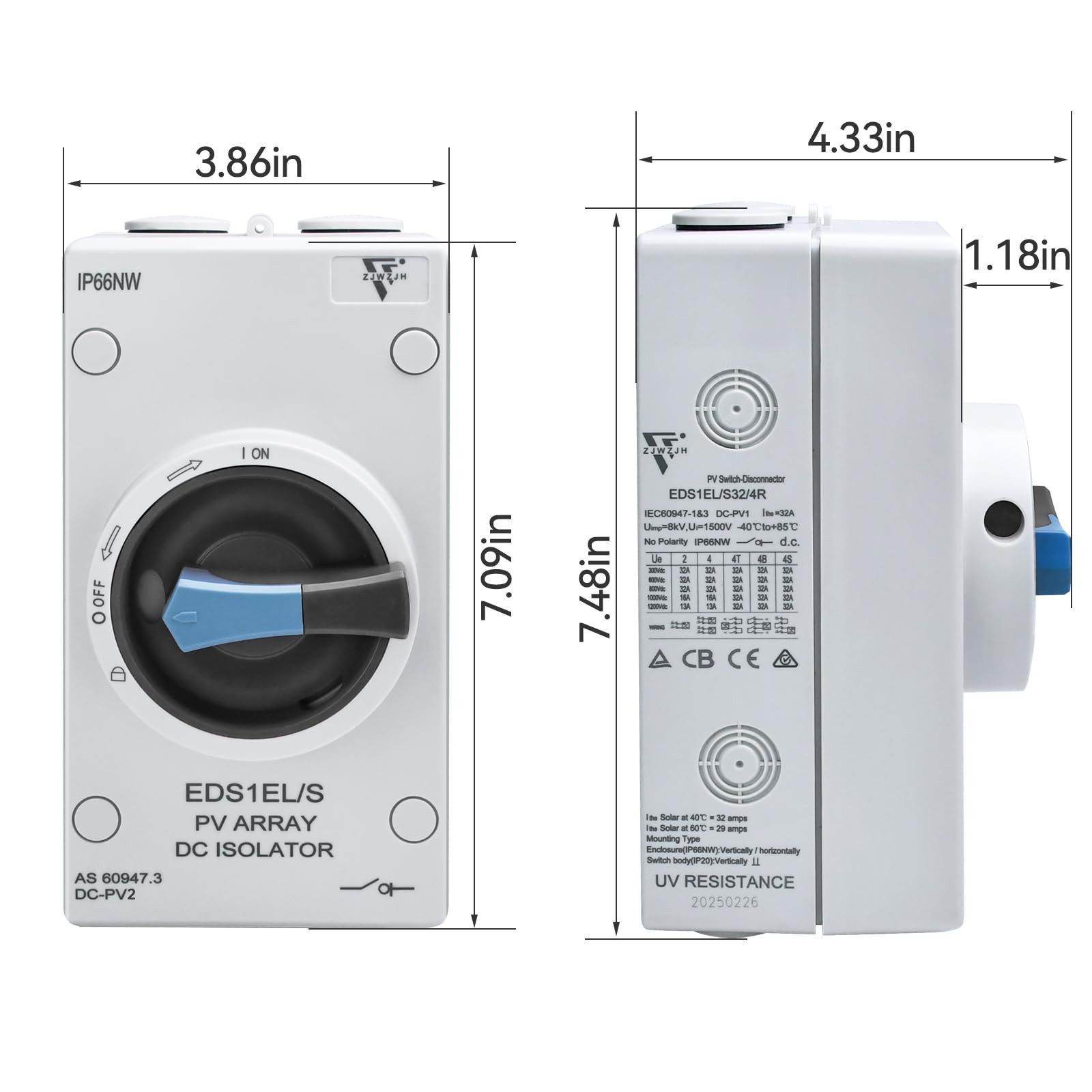 ZJWZJH Solar Disconnect Switch 4-Pole DC 1500V 32A Isolator Solar Switch with…