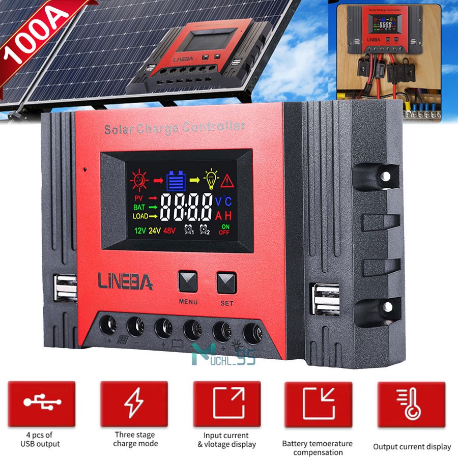 100A Controlador de carga solar 12V/24V/48V Pantalla LCD Regulador de panel USB