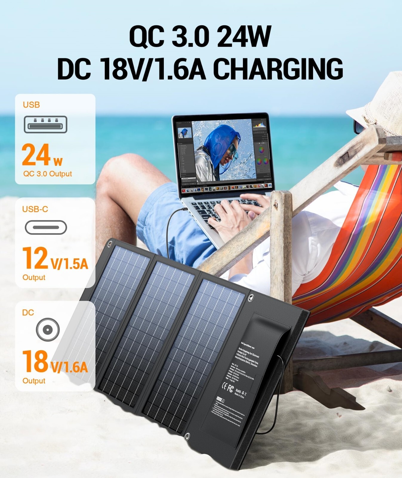 30W Solar Charger USB-A QC3.0 24W USB-C DC 30W Outputs, Foldable Solar Panel