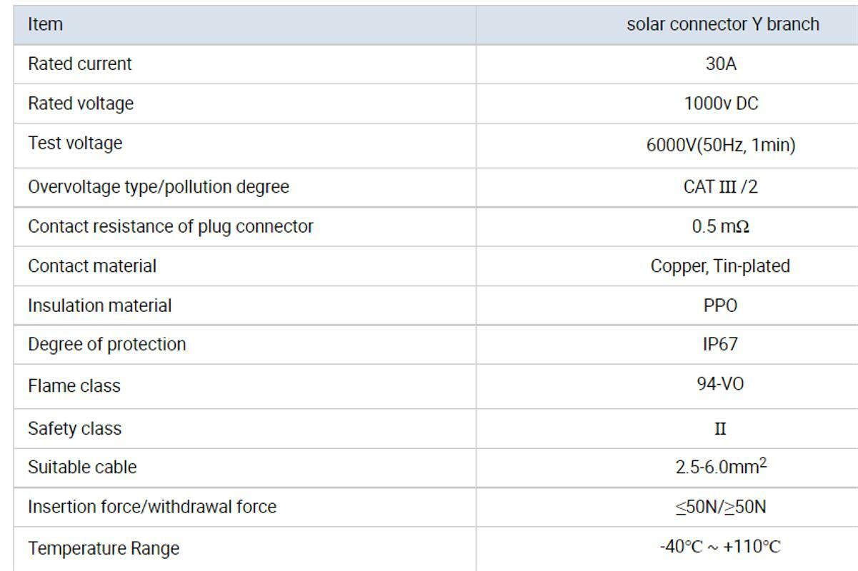 Solar Panel PV Cable Y Branch Wear-resisting Copper Tin Plate Anti-UV Connector