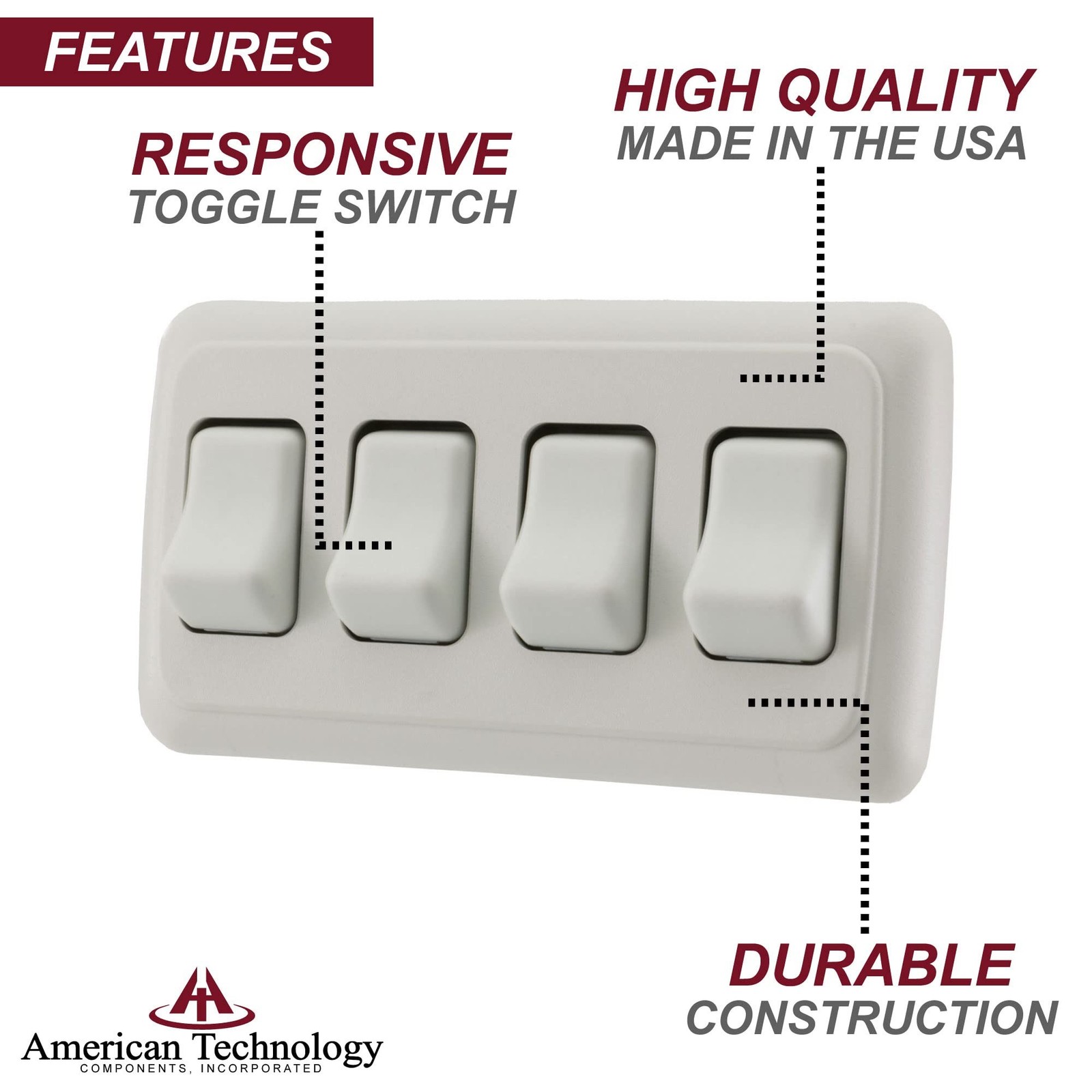 Quad SPST On-Off Switch with Bezel, 12-Volt, for RV, Trailer, Camper (White)