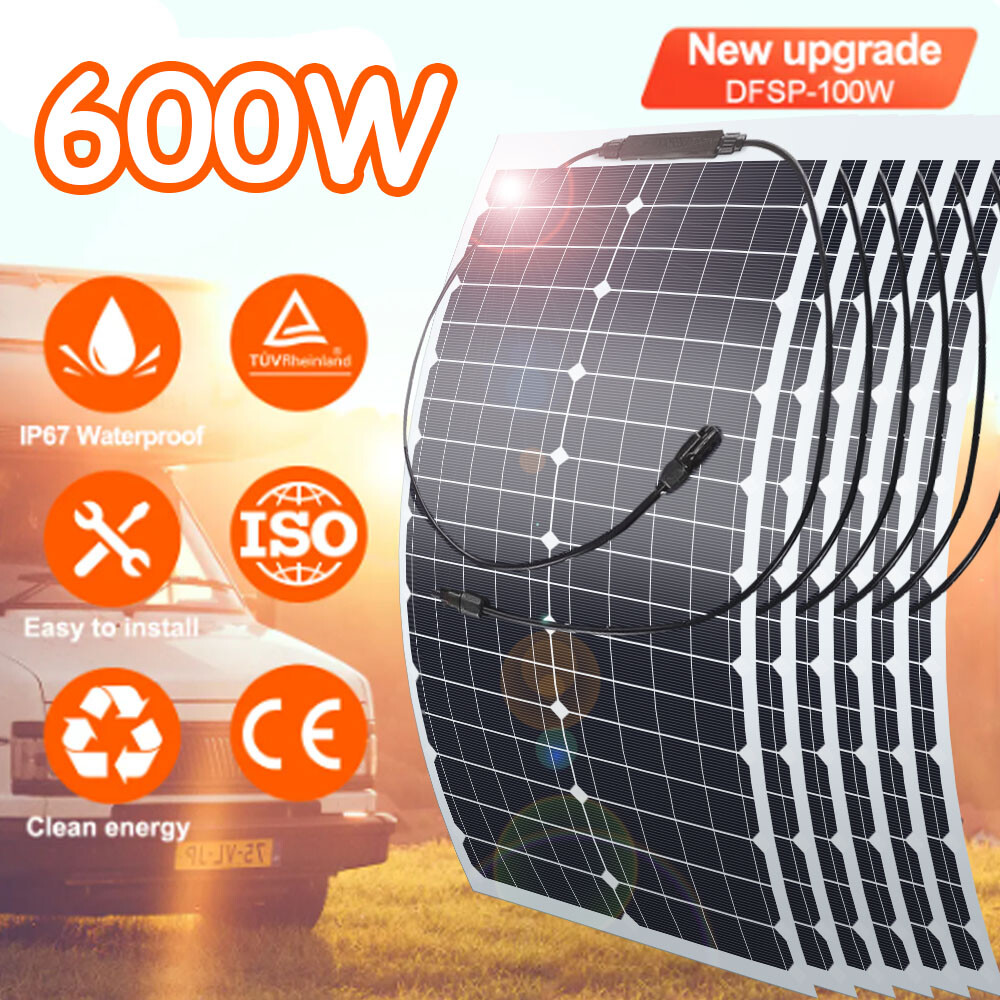 600W Watt 12V Portable Flexible Solar Panel Kit RV Boat Camping Off-Grid Rooftop