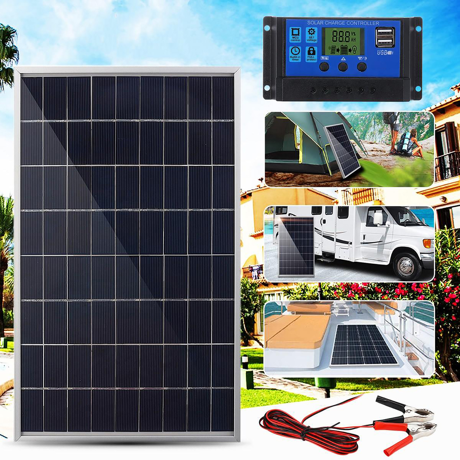 30W Solar Panel Kit 12V with 100A Solar Charge Controller for Boat Car RV Home