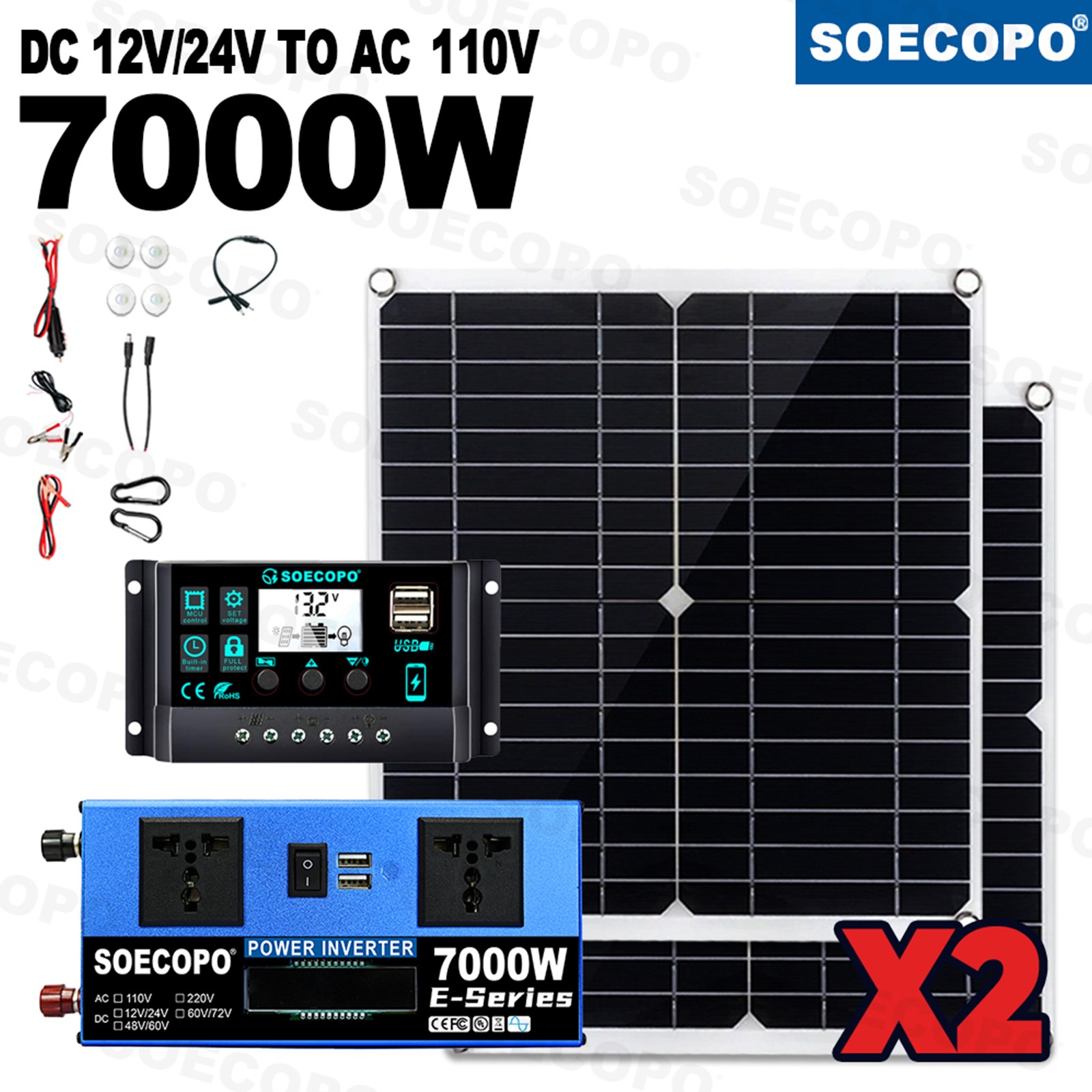 Powerful 7000W Solar Generator Kit | Inverter, 2pcs Solar Panels + Controller