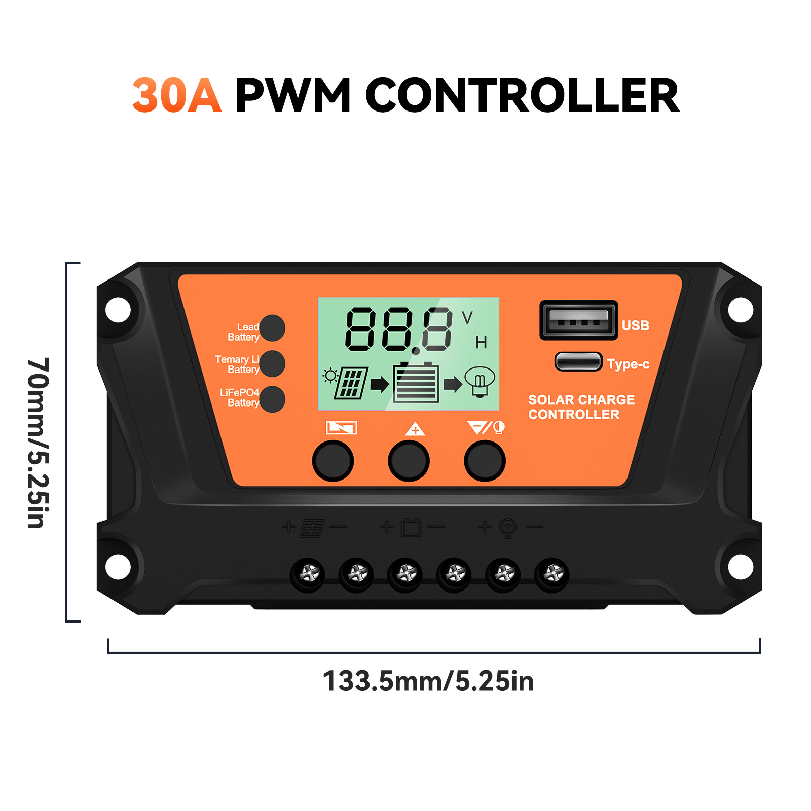 30 Solar Panel Battery Charge Controller USB Type-C 12V/24V Auto Regulator LCD