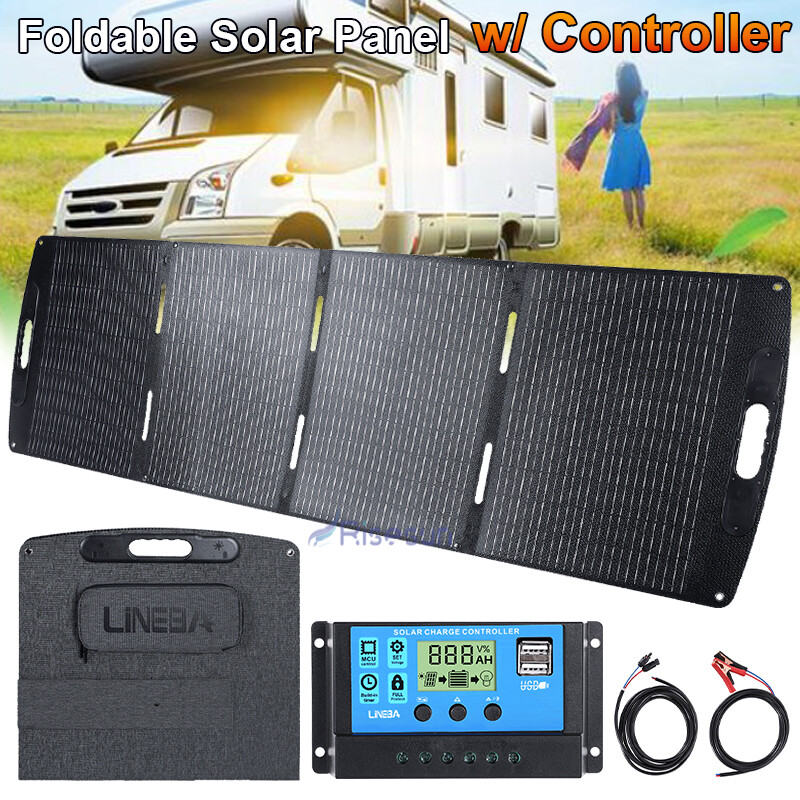 LINEBA 100W 200W Solar Panel Kit 12V Foldable Portable Suitcase Mono Camping RV