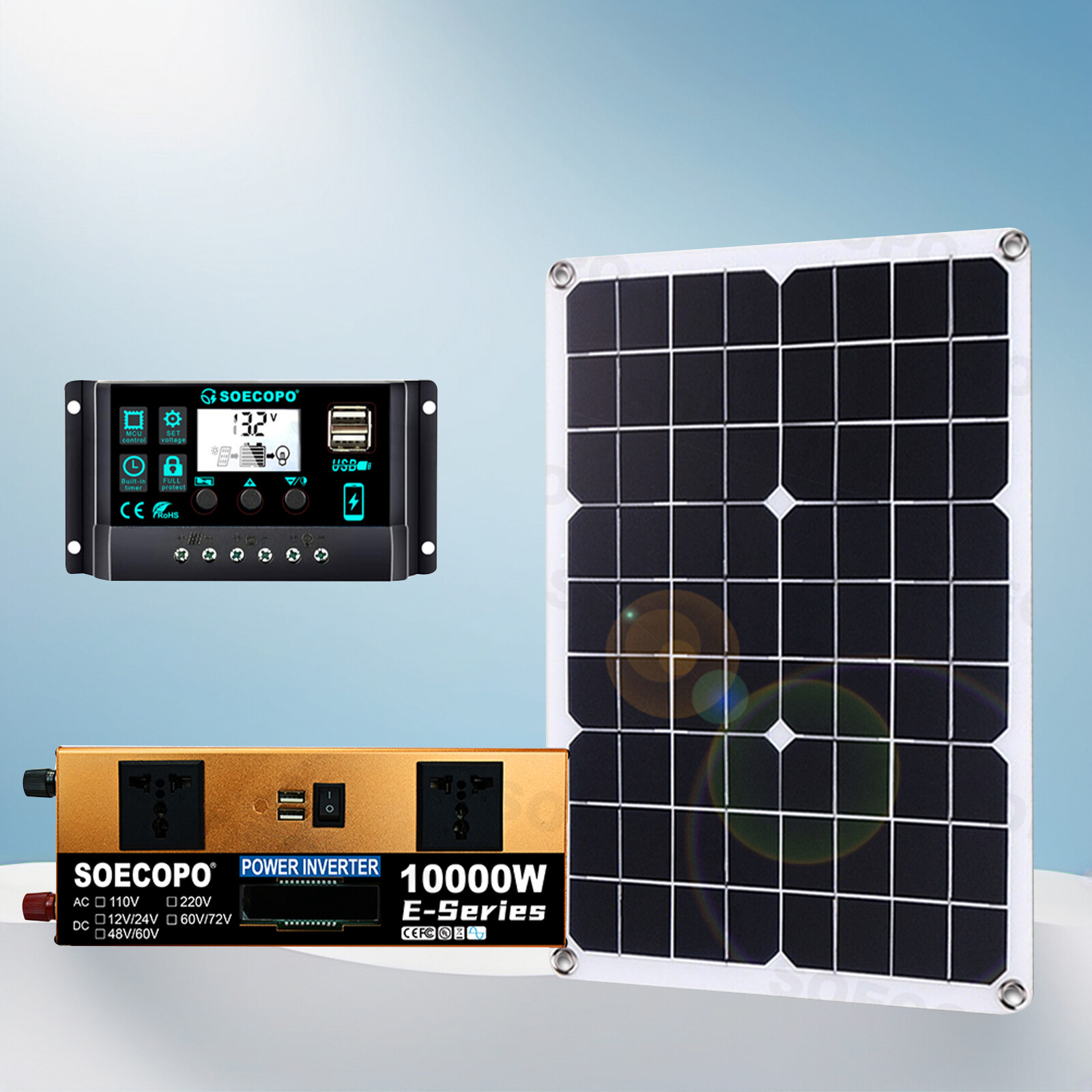 10000W Solar Kit 500W Panel 100A MPPT Controller DC Cable 12V/24V to 220V/110V