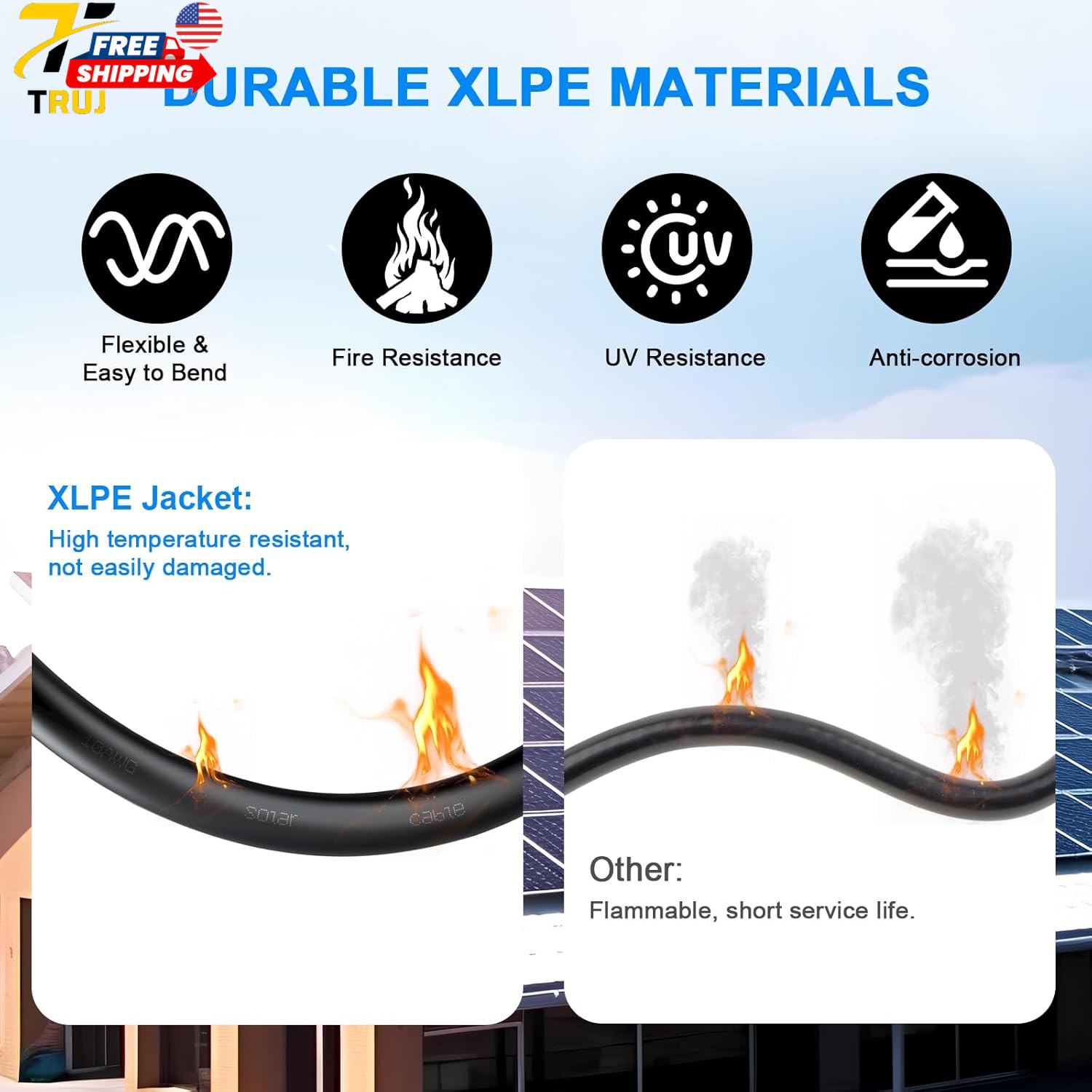 8AWG Solar Panel Wire 10Mm² 2 Pack 50FT Red & Black Solar Extension Cable PV Wir