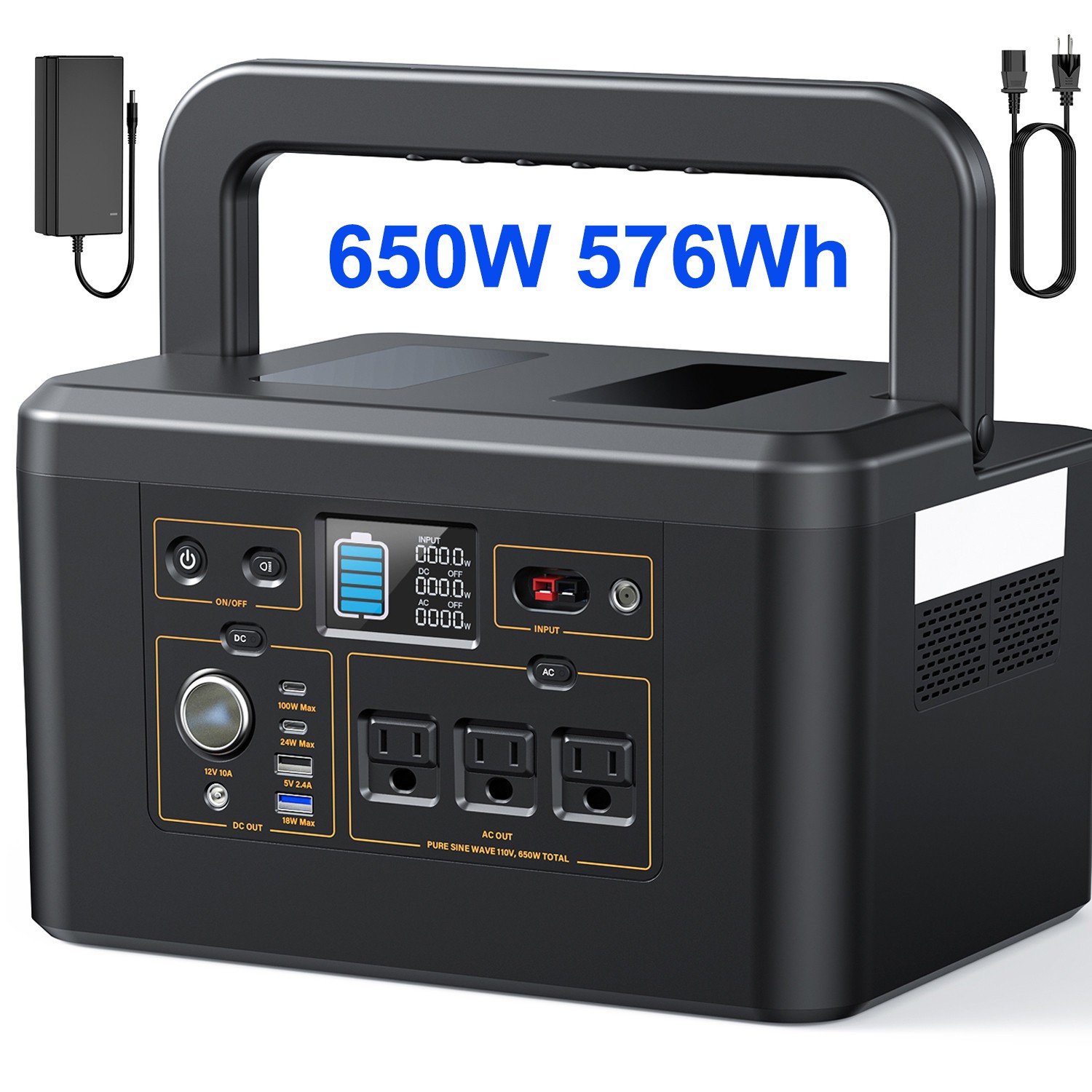 Portable Power Station 650W LiFePO4 Battery Solar Generator +100W Solar Panel