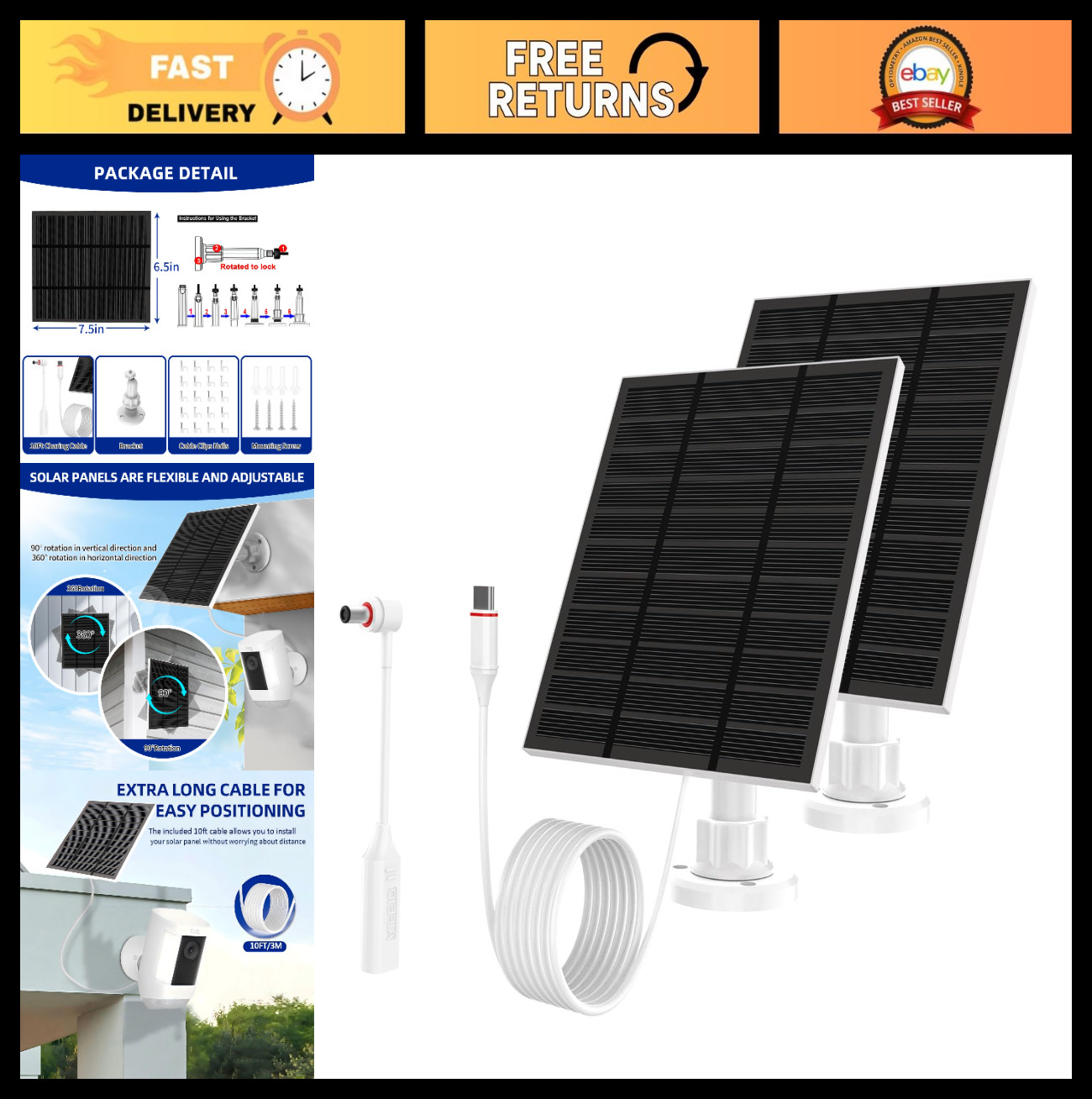 5W 5V Solar Panel Charger for Wireless Outdoor Cameras, USB-C, Waterproof IP65,