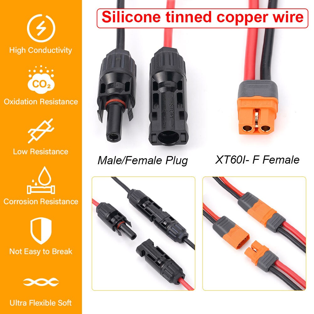 12 AWG XT60i Female to Solar Panel Extension Cable Connector Charging Cable