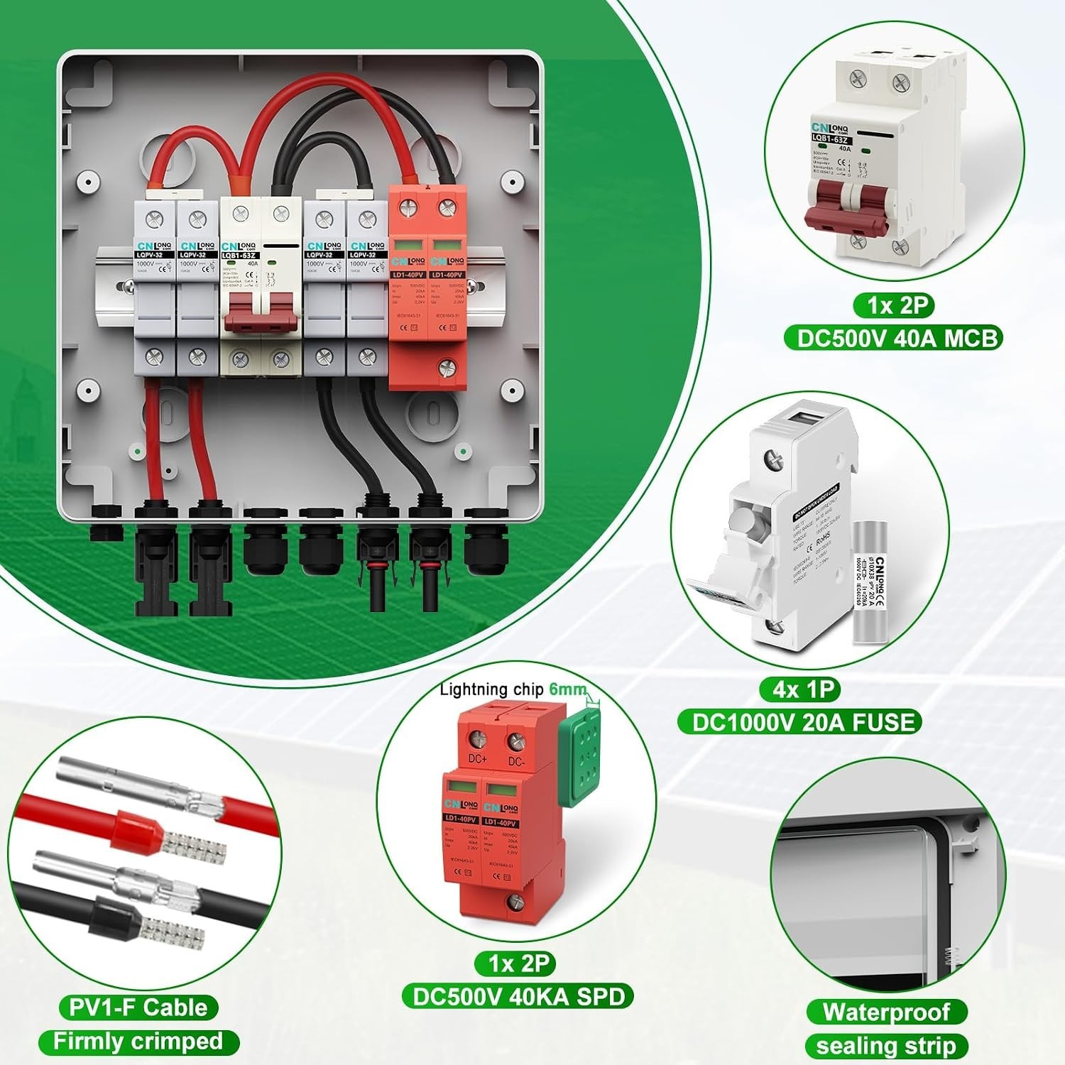 2 String Solar Combiner Box DC500V 40A with Circuit Breaker
