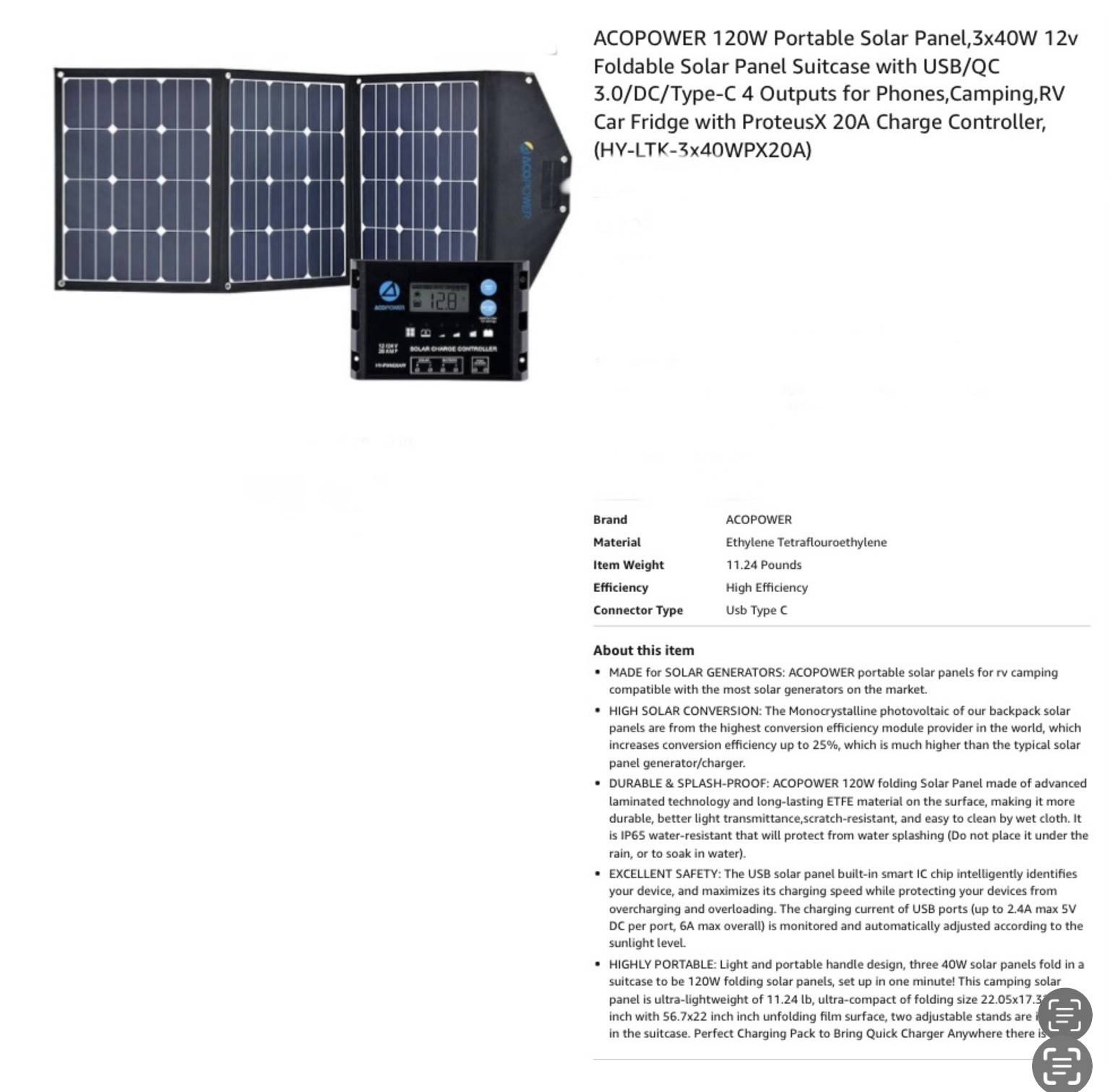 AcoPower 120 Watt Foldable Portable Solar Panel W/ProteusX Charge Controller