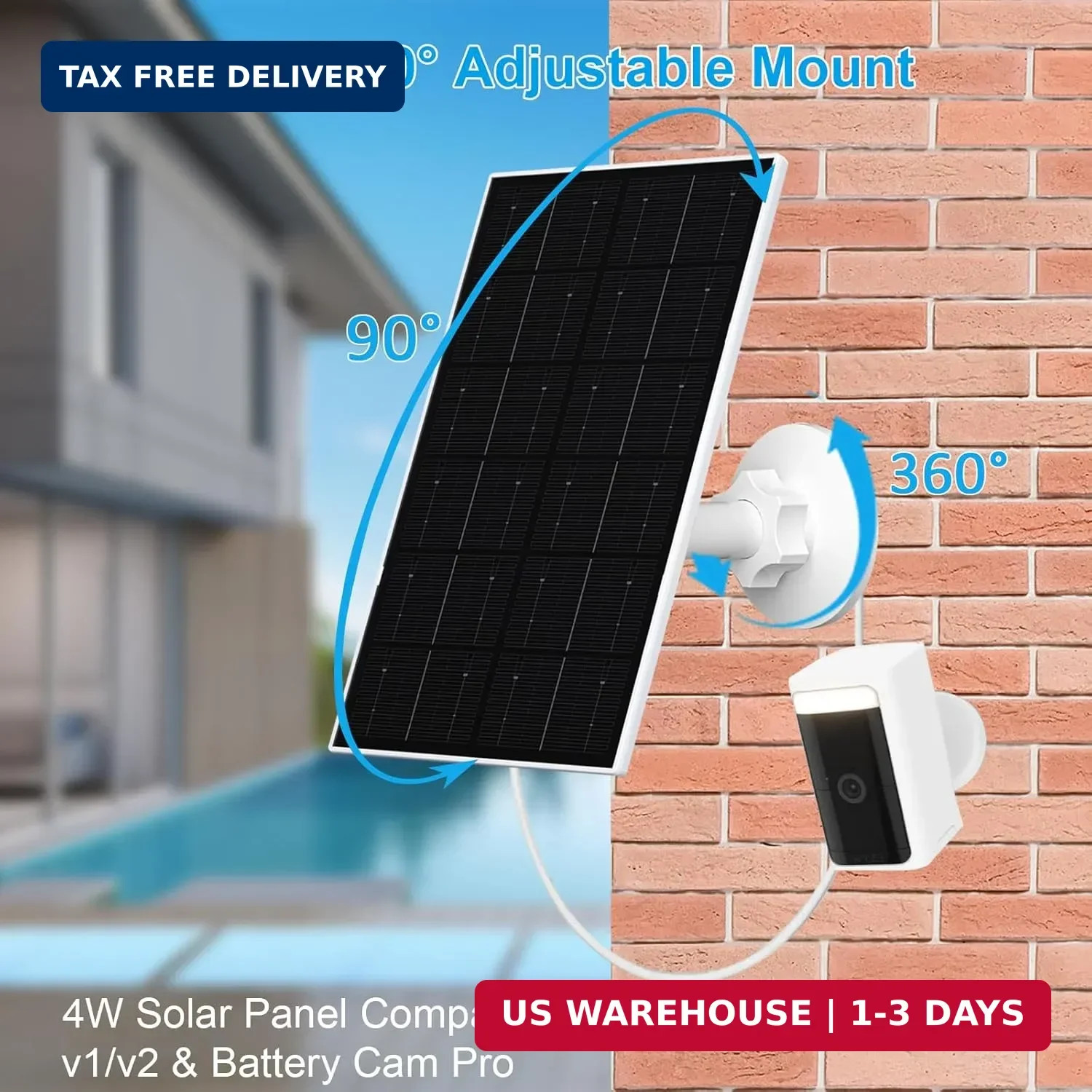 4W Solar Panel for WYZE Camera, USB-C & Micro USB Adapter, 9.8Ft Cable, IP66 Wat