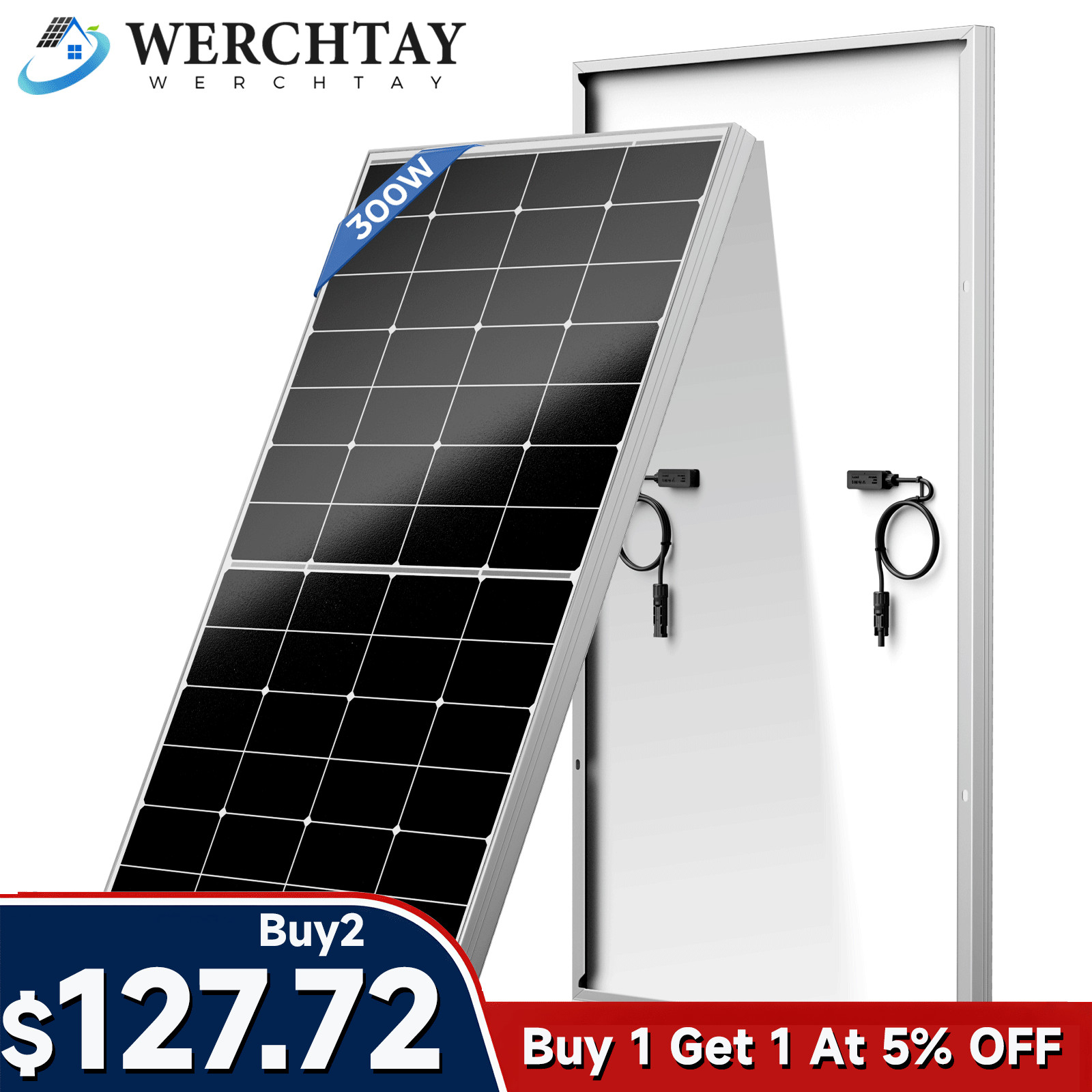300W Mono Solar Panel 18BB RV Camping Home RV PV Off-Grid Boat Power Charger US