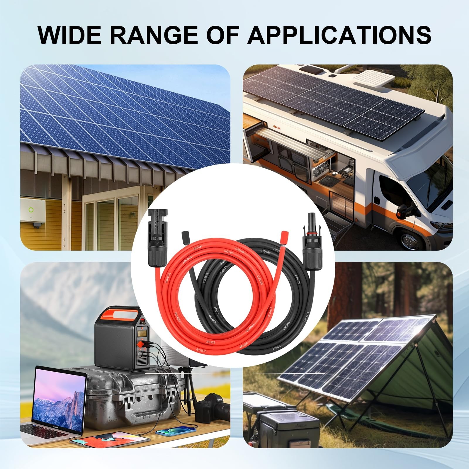 20FT 10AWG Solar Extension Cable – Waterproof Connectors & Adaptor Kit for RV, H