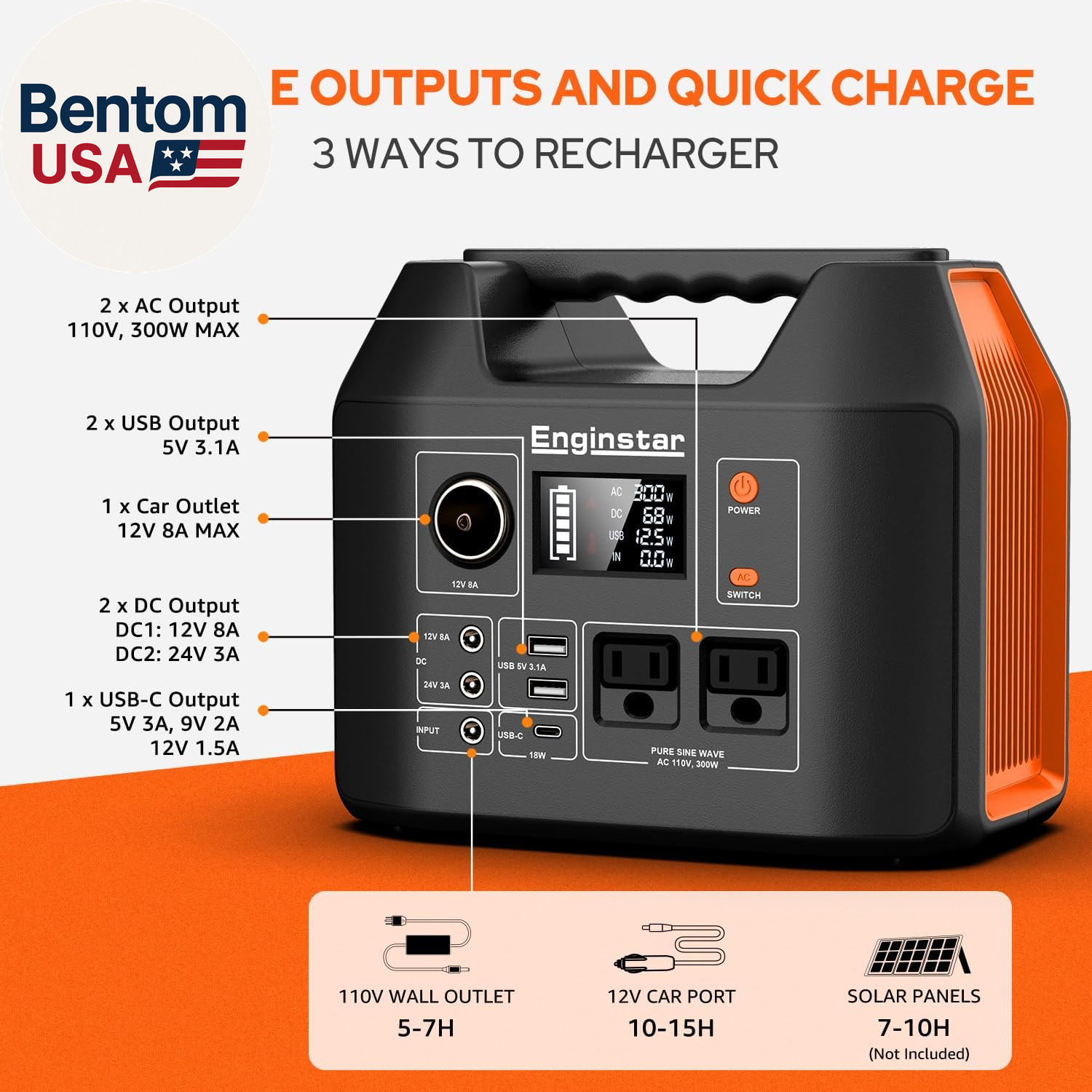 Portable Power Station 300W 296Wh Battery Bank with 110V Pure Sine Wave AC Outle