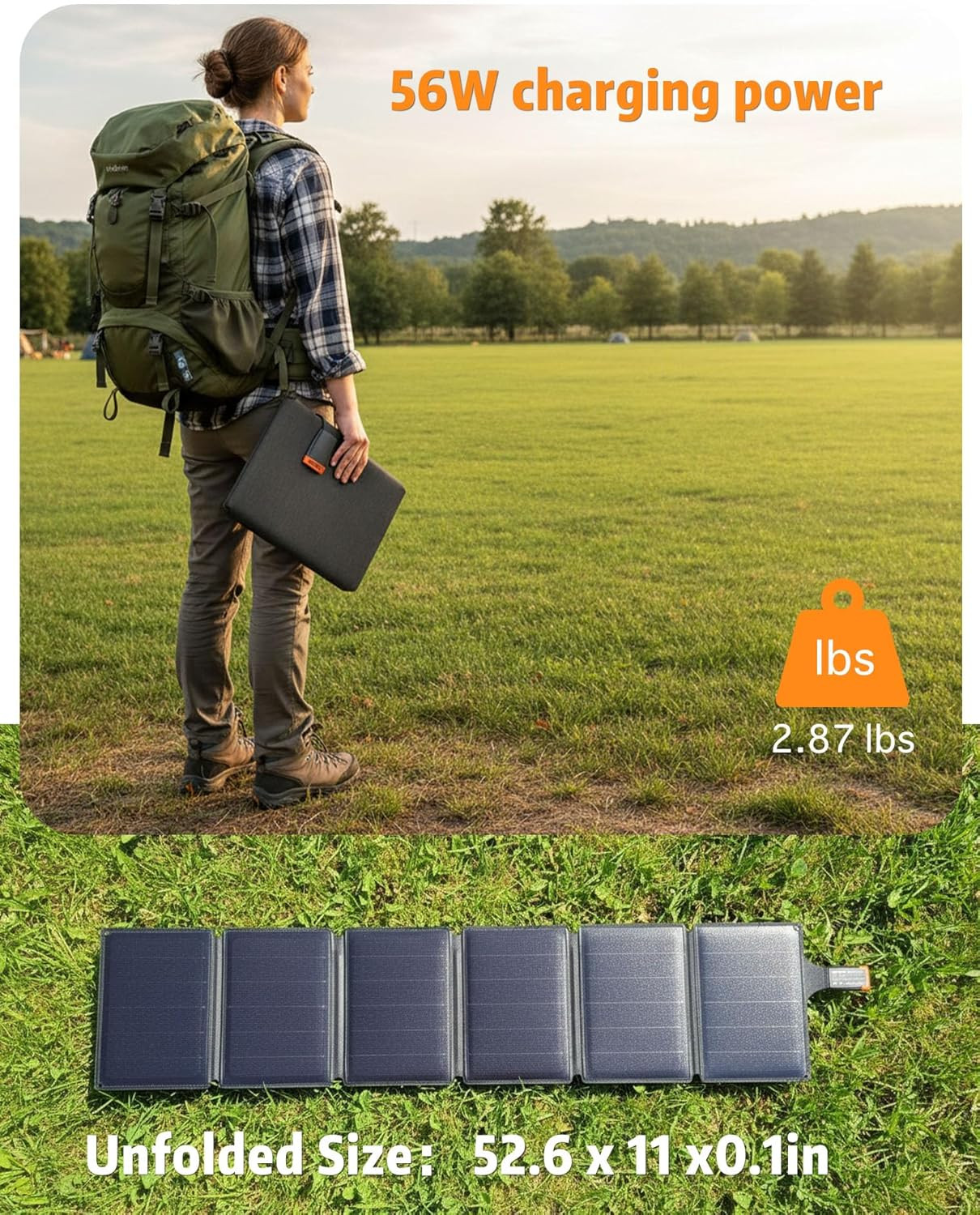 56W Foldable Solar Panel Charger, Portable Solar Panel with USB-C Output, High E
