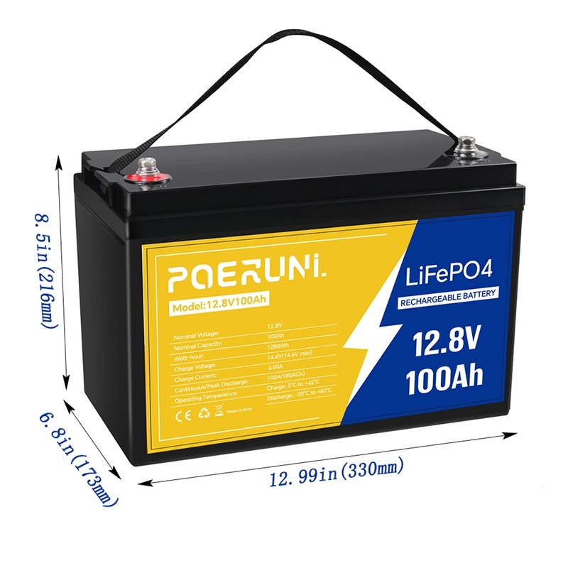 POERUNI 100Ah 12V 1280Wh LiFePO4 Lithium Battery Built-in BMS backup Battery New