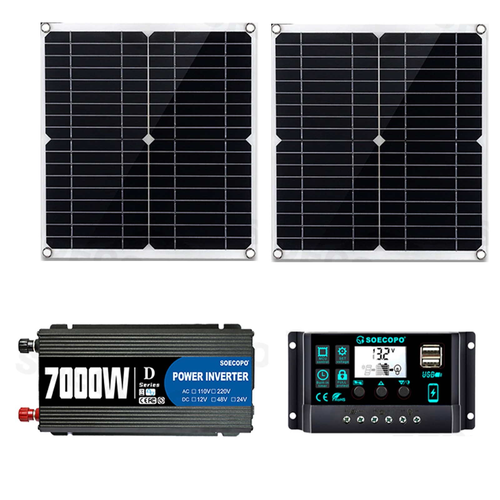 7000W Off-Grid Solar Kit 7000W Inverter 2pcs 300W Solar Panels 12V to 110V