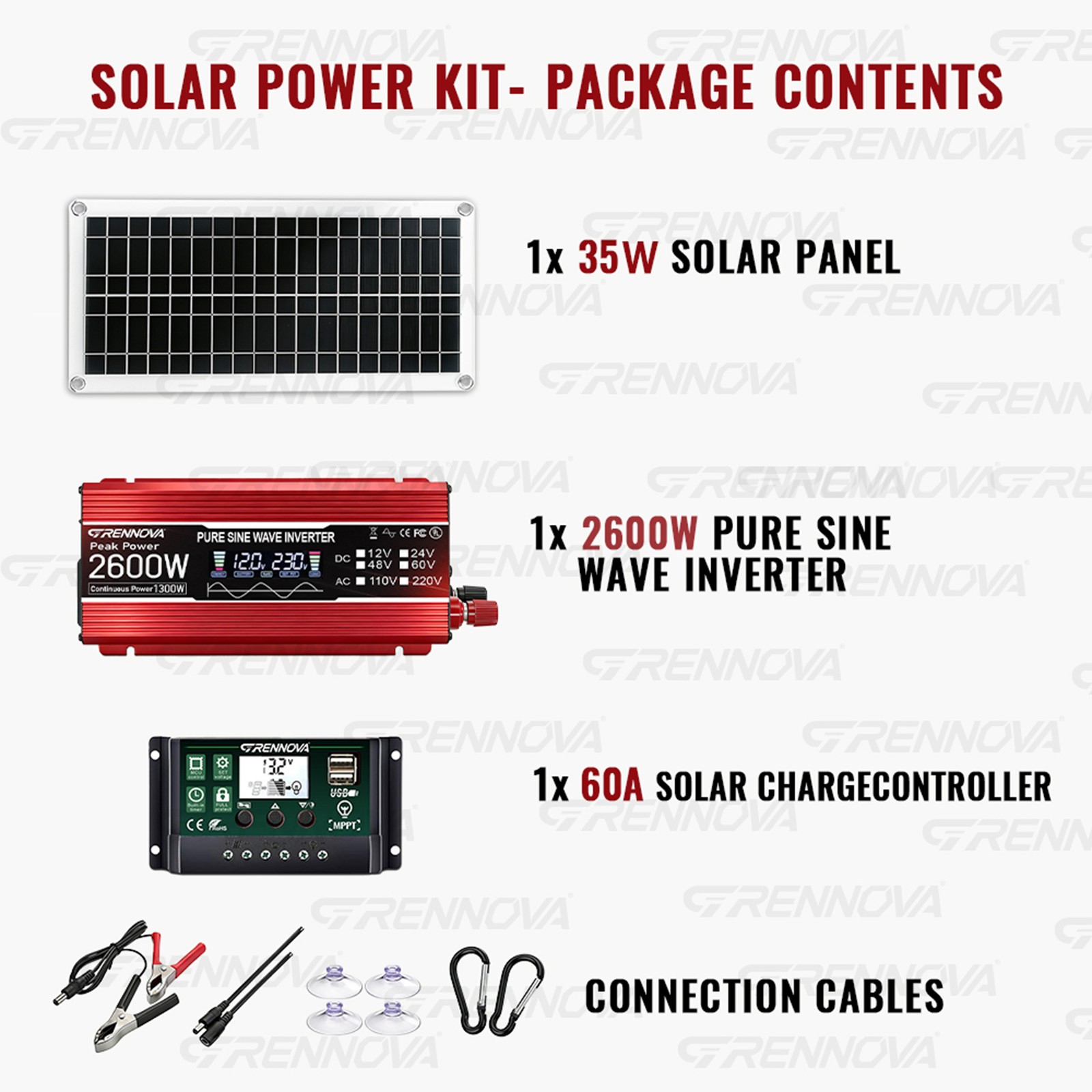 Grennova 2600W Off-Grid Solar Kit 60A MPPT Pure Sine Home RV Power