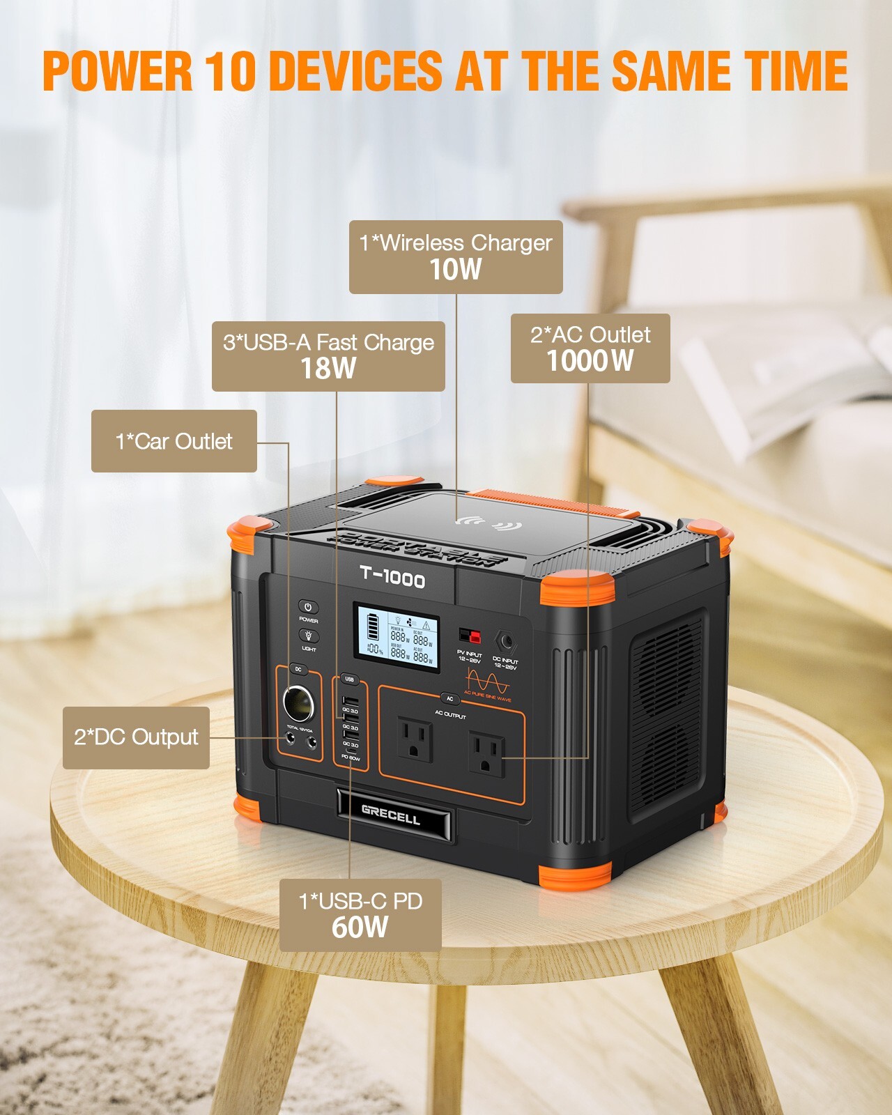 GRECELL Portable Power Station 1000W Solar Powered Generator Battery(USED)