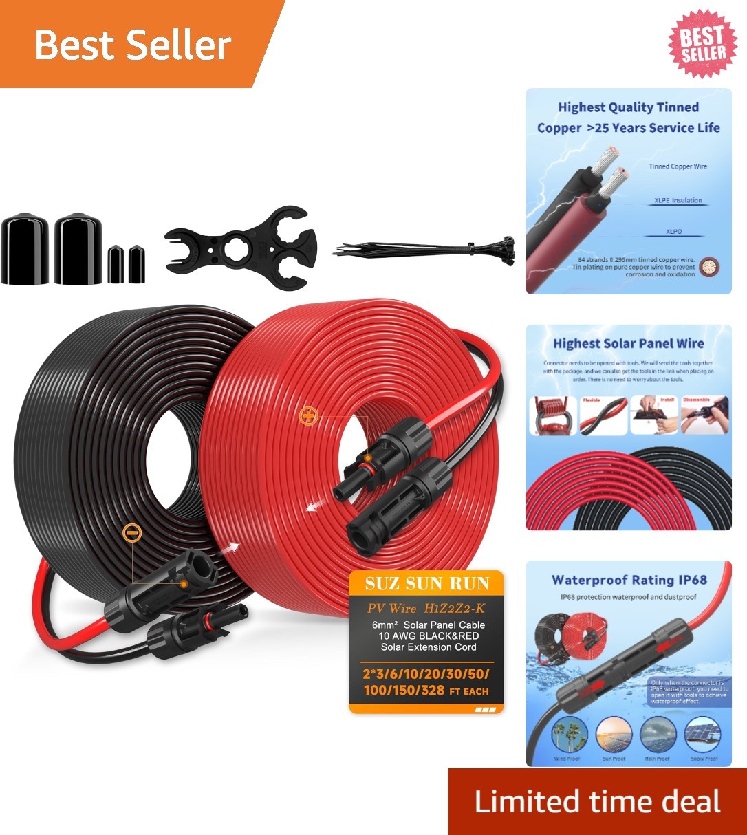 10 AWG Tinned Copper Solar Extension Cable with Waterproof Connectors – 10ft