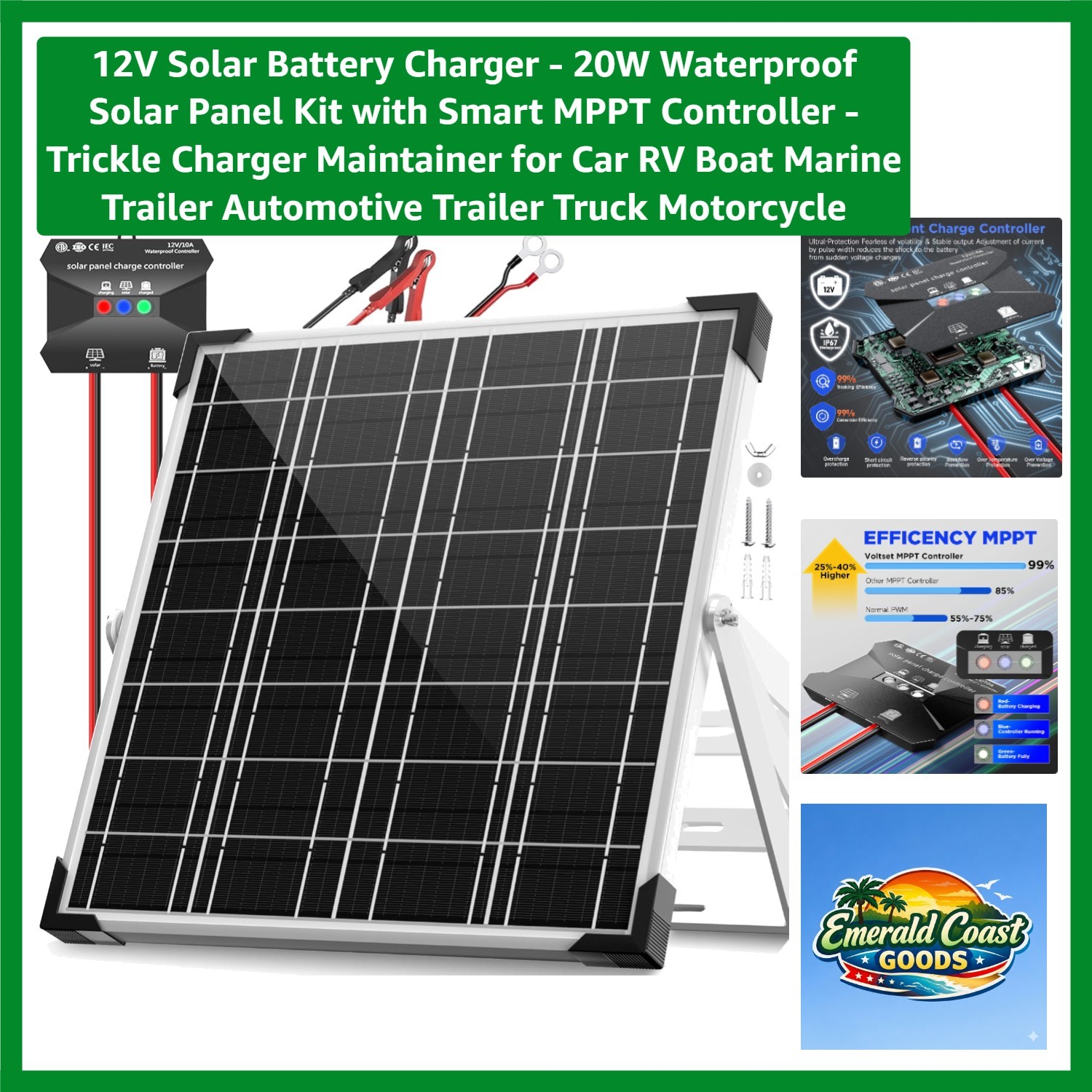 12V Solar Battery Charger – 20W Waterproof Solar Panel Kit with Smart MPPT Co…