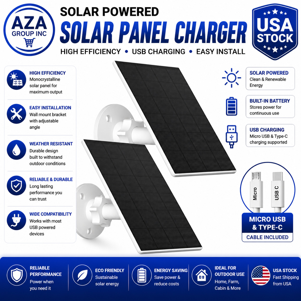 Solar Panel for Security Camera, 2 Pack 2W Solar Charger with Micro USB & USB-C