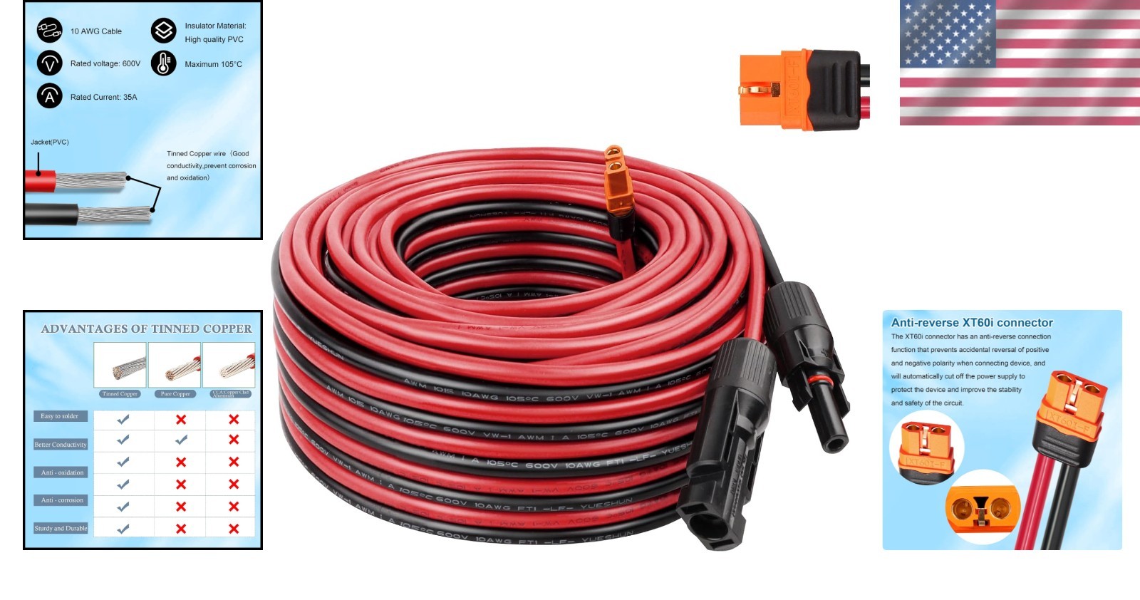 Heavy-Duty 50ft 10AWG Solar Panel to XT60i Cable | 600V | Waterproof Connector
