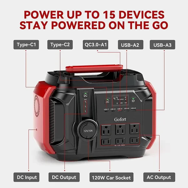 GOFORT 500W Portable Power Station 540Wh Solar Generator 1000W Peak for Camping