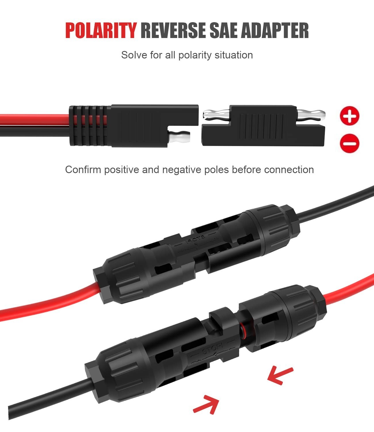 10AWG Solar Extension Cable 30cm SAE PV Wire w/ 2x Polarity Reverse Adapters