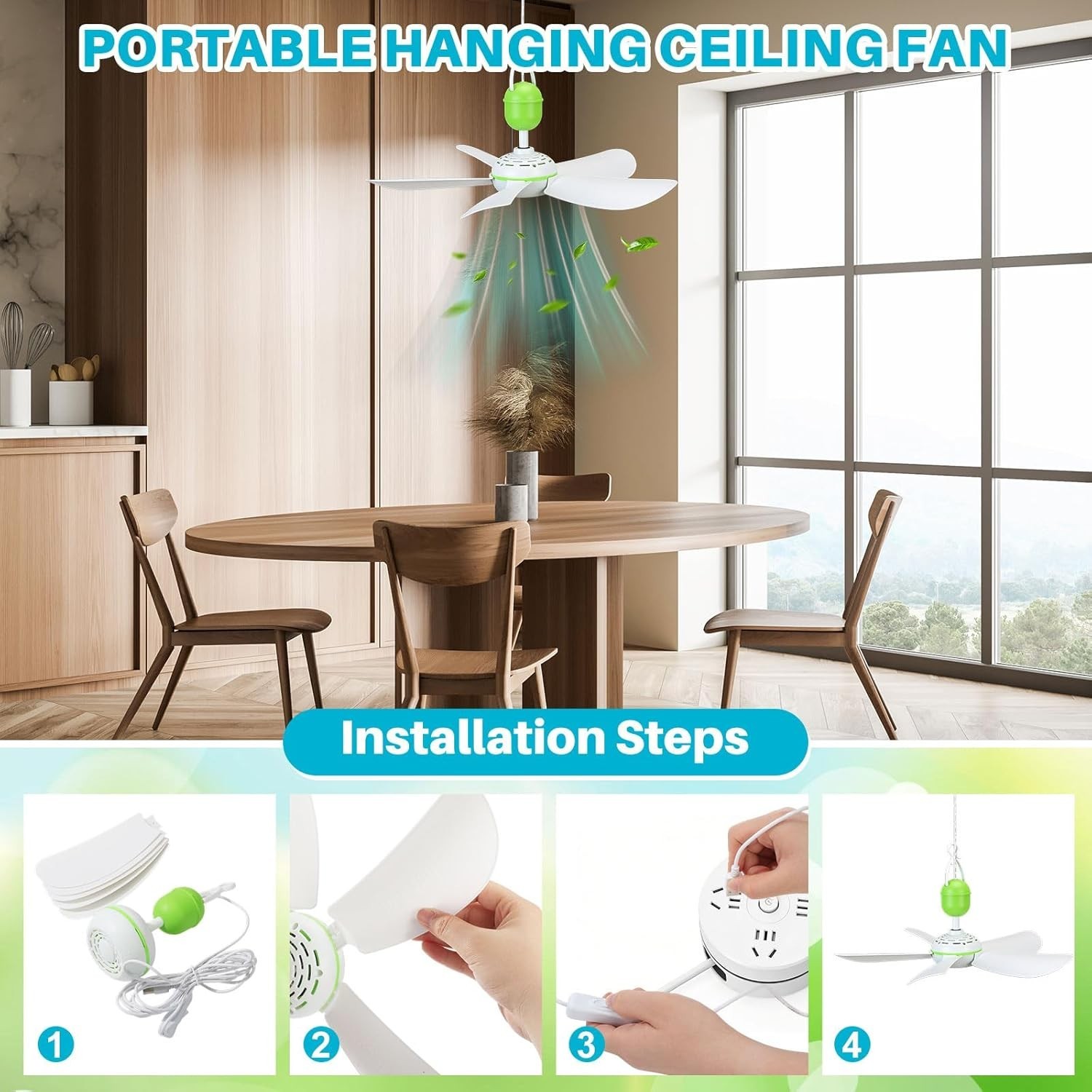 2 Set Solar Ceiling Fan Kit W/ 15w Panel USB Hanging Fan 15.74” Dual Power