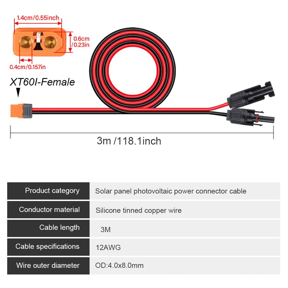 10 ft XT60i Female to Solar Connector Solar Panel Extension Charging Cable 12AWG