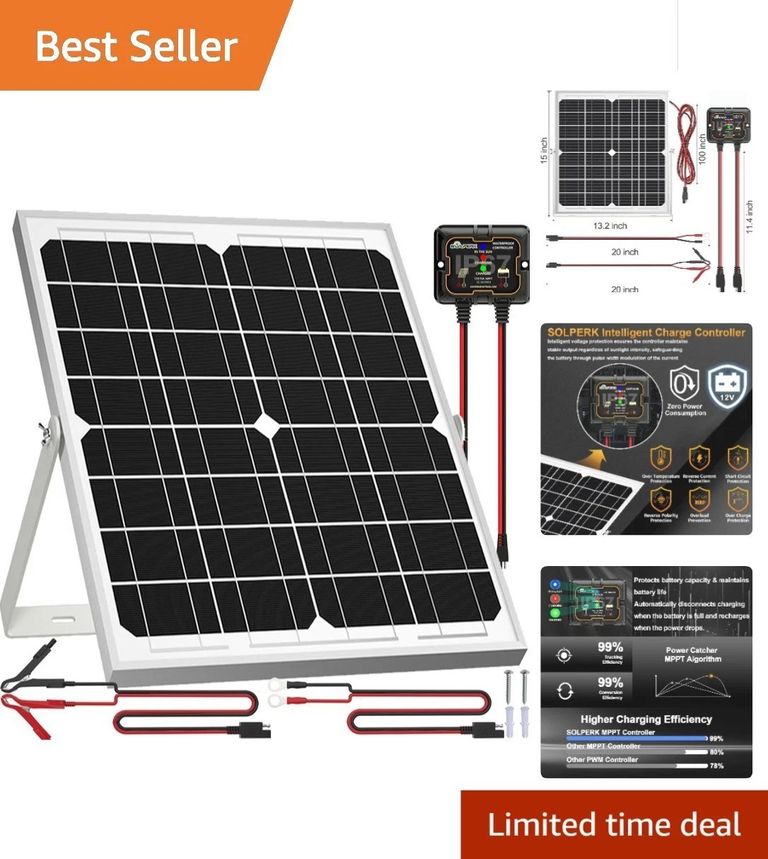 High-Efficiency 20W Solar Battery Maintainer with Adjustable Mounting Bracket