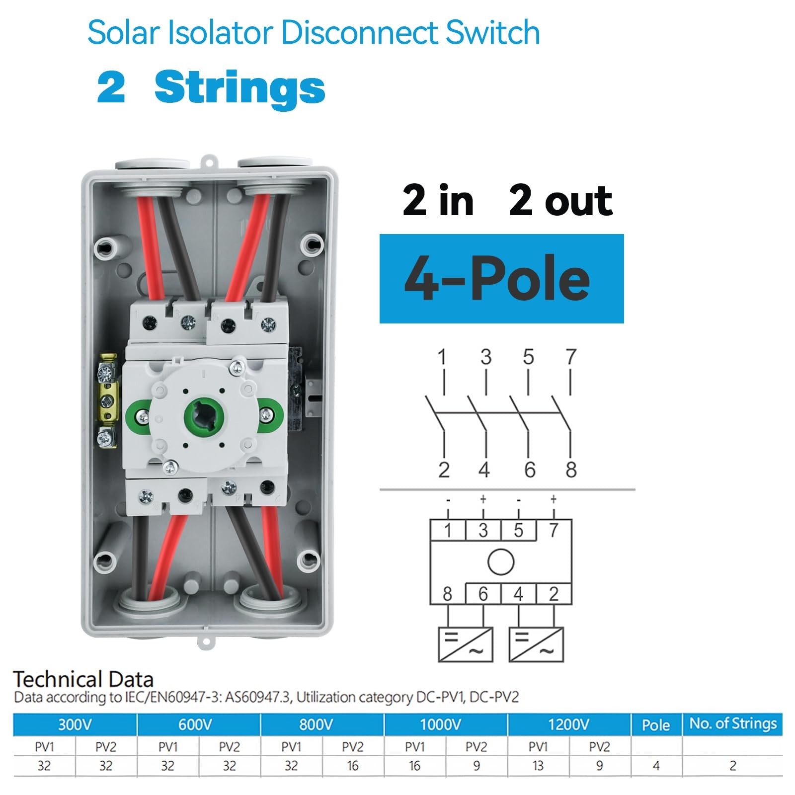 ZJWZJH Solar Disconnect Switch 4-Pole DC 1500V 32A Isolator Solar Switch with…