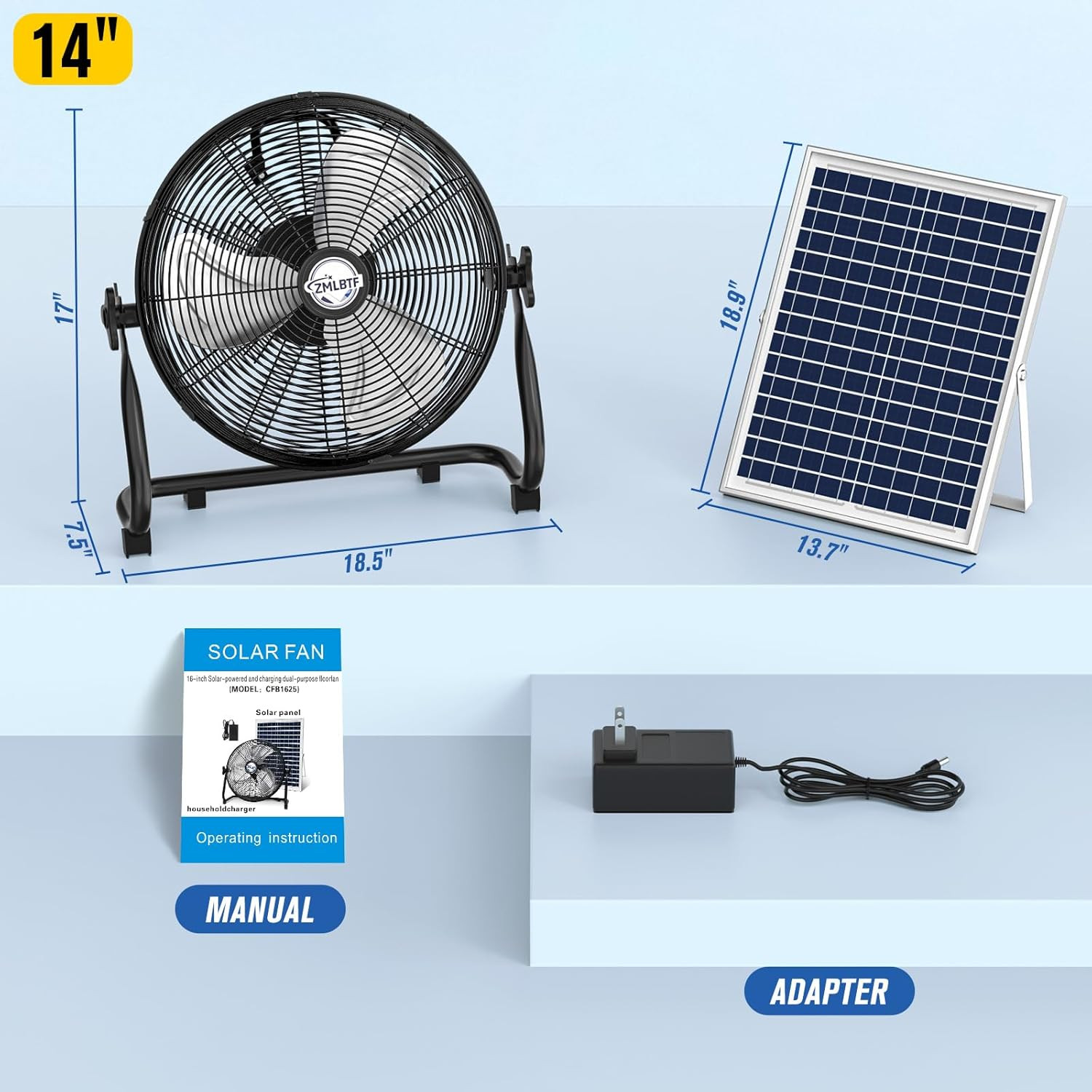 14″ Solar Powered Fan with 20W Solar Panel & Rechargeable Battery, Portable, Qui