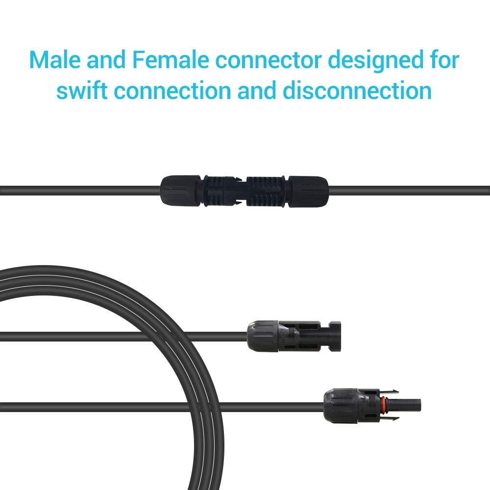 15 Feet Weatherproof Male-Female Solar Extension Cable, 10AWG for Off-Grid Use