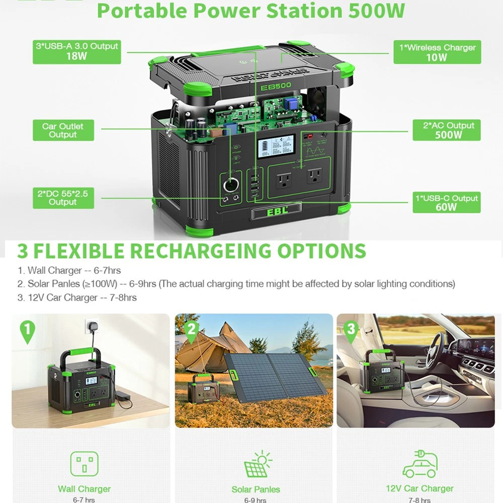 500W 519Wh Power Station Portable Solar Generator RV Backup Battery Camping
