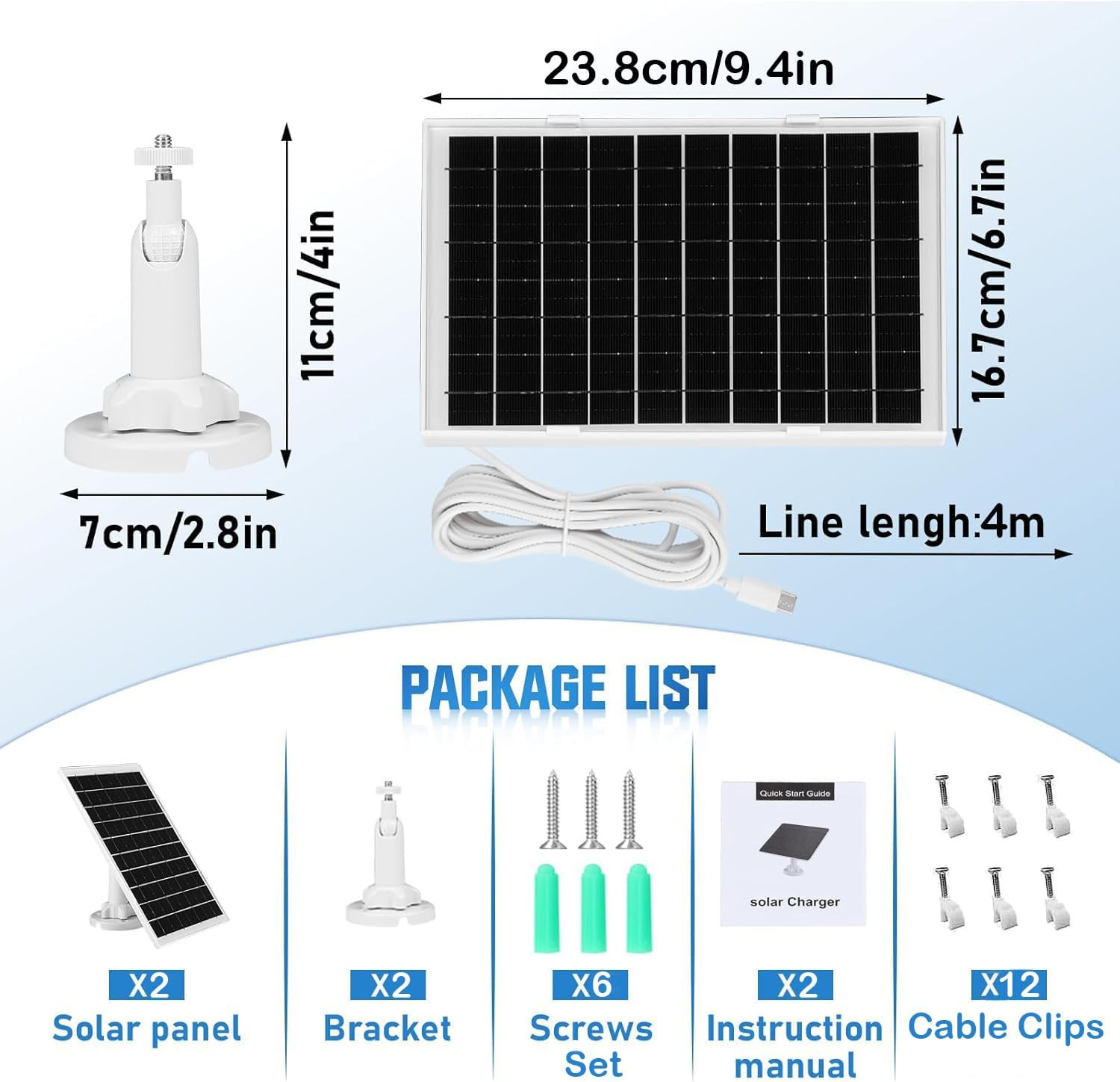8W Solar Panel Charger for Outdoor Security Cameras, with Micro USB/USB-C and DC