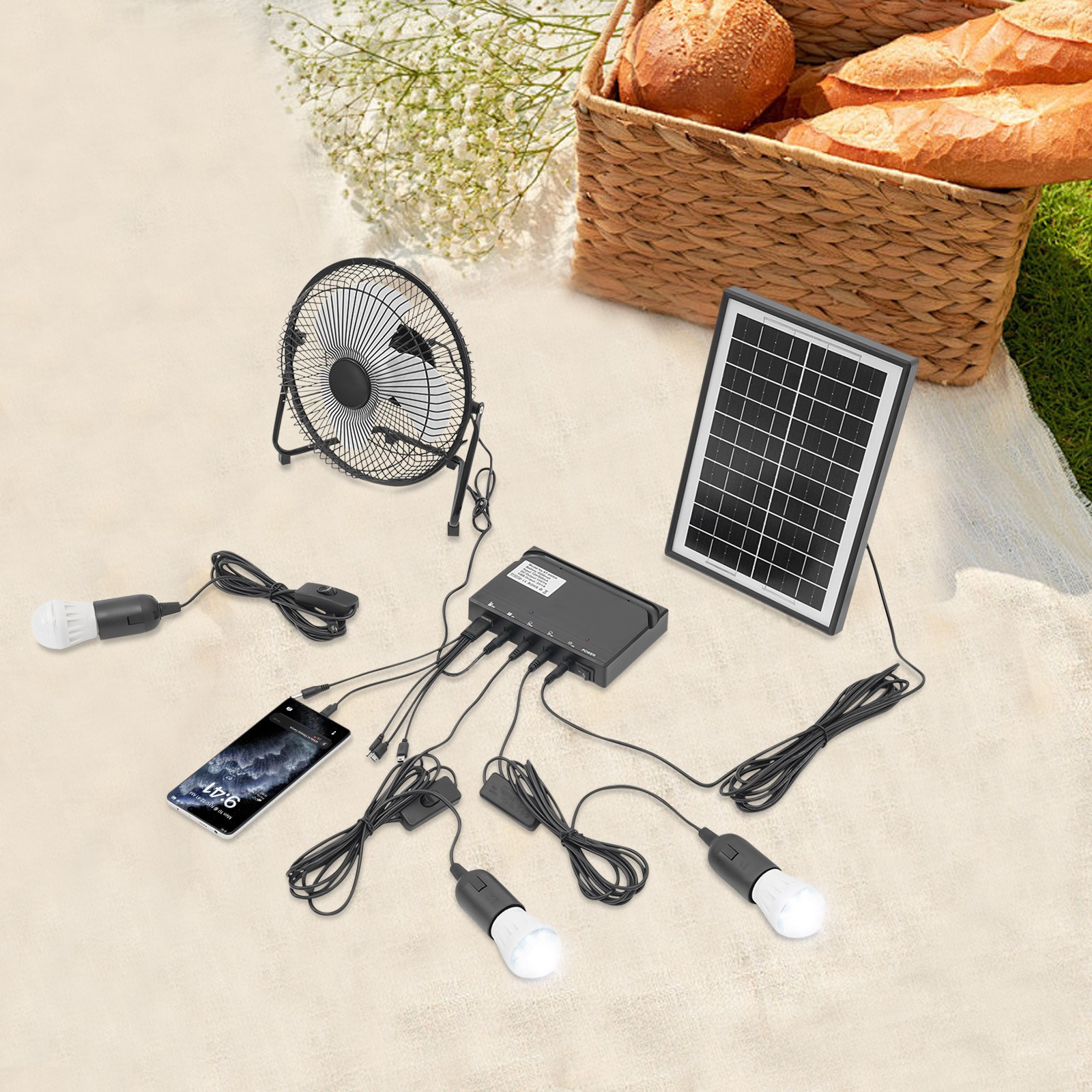Solar Lighting & Fan Kits with 3 Bulbs USB Charging for Home Outdoor Camping