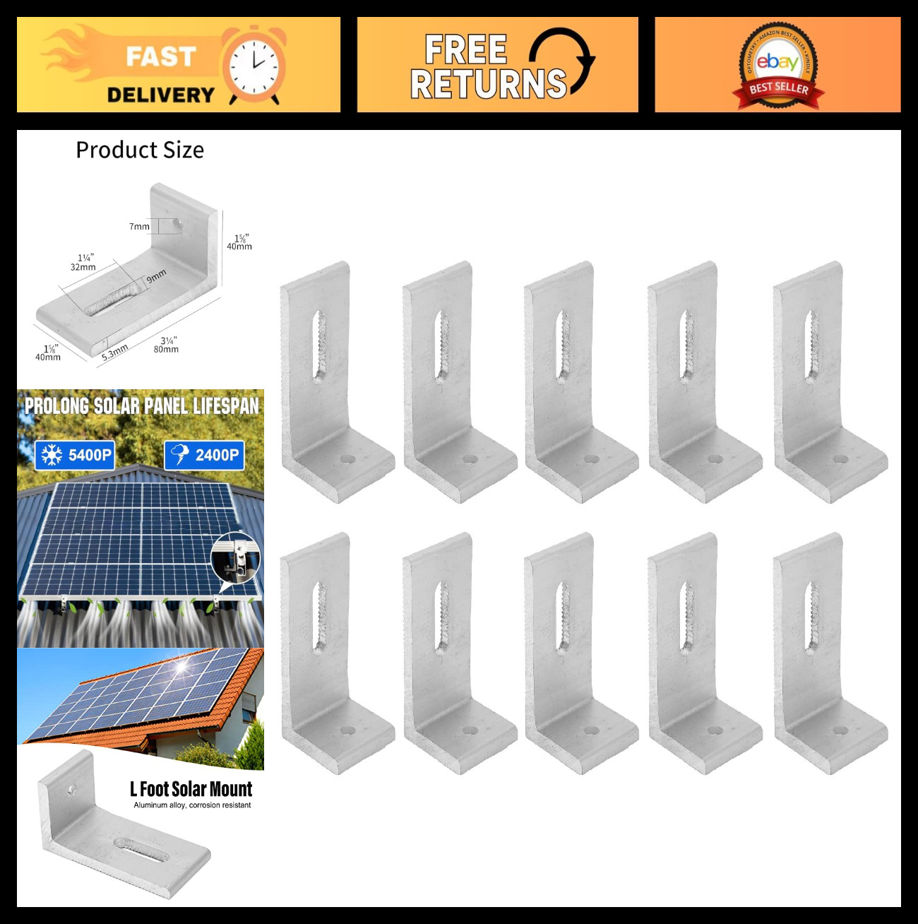 10-Pack Heavy-Duty Aluminum Solar Panel Mounting Brackets, Waterproof L-Foot PV