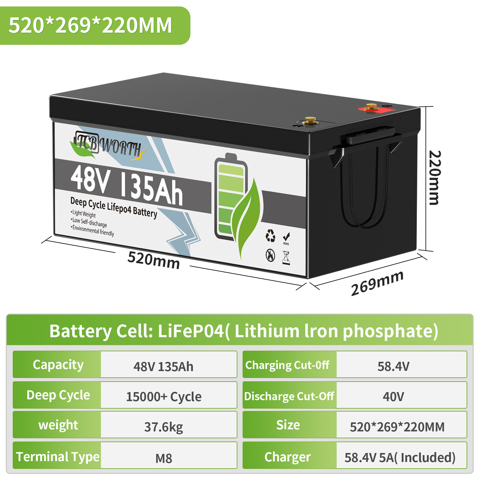 LiFePO4 48V 135AH Lithium Golf Cart Battery 200A JBD BMS for Off-Grid RV Solar