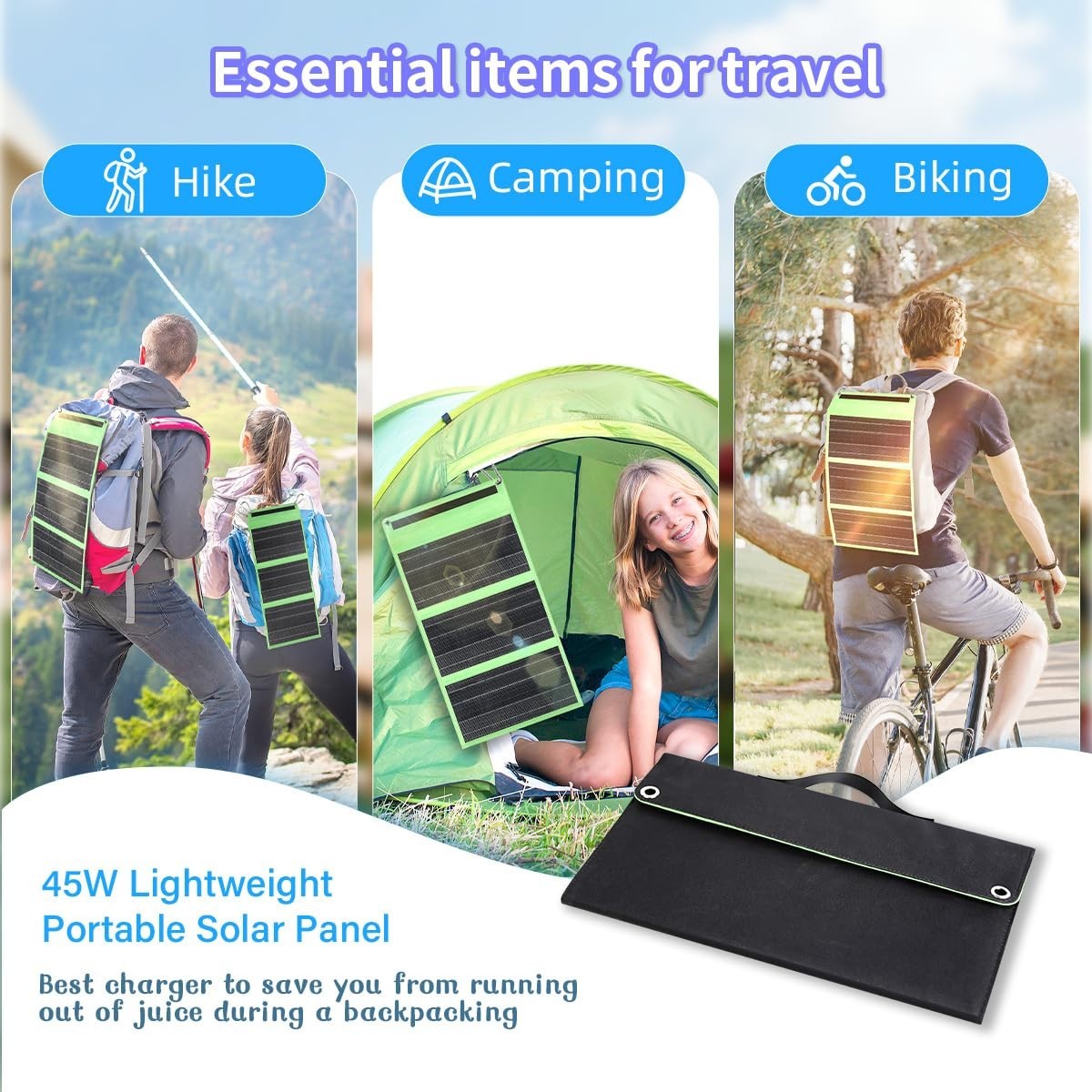 45W Foldable Solar Charger, Dual USB-A & USB-C, Waterproof Portable Power Bank f