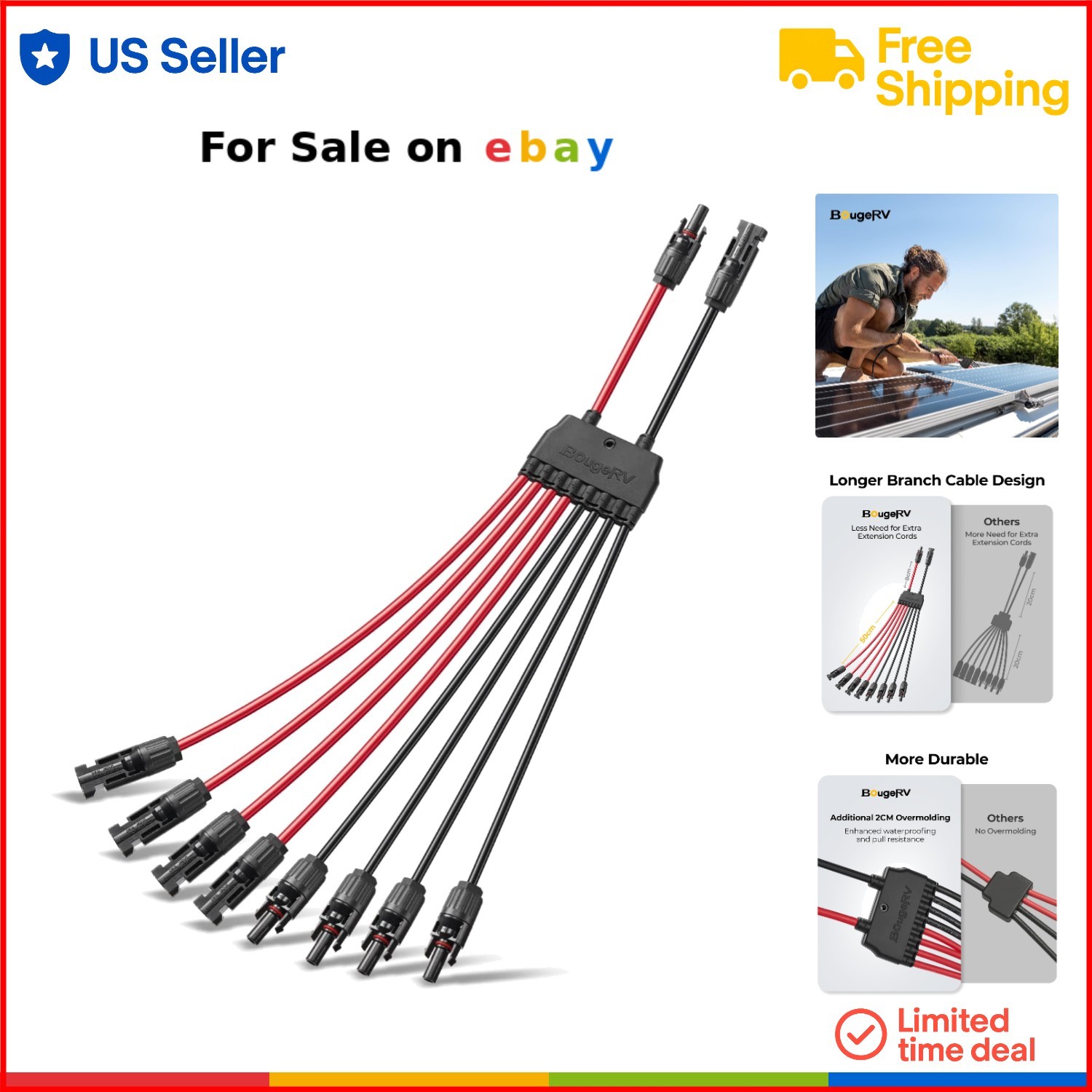 Solar Parallel Connectors 2-4 Panels Waterproof Y Branch 10AWG Adapter Cable