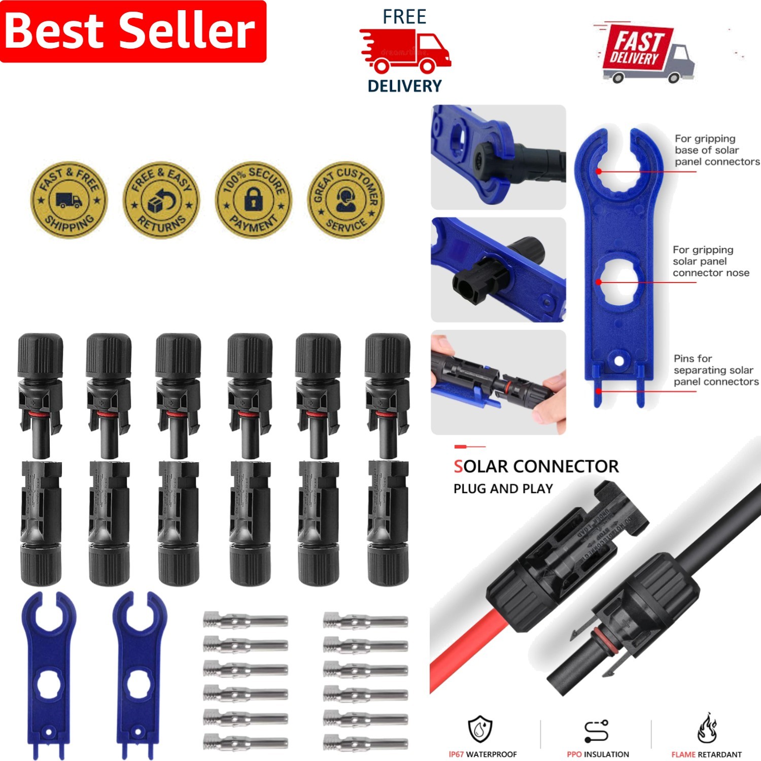 Durable Solar Panel Connectors with High Carrying Capacity – 6 Pairs Included
