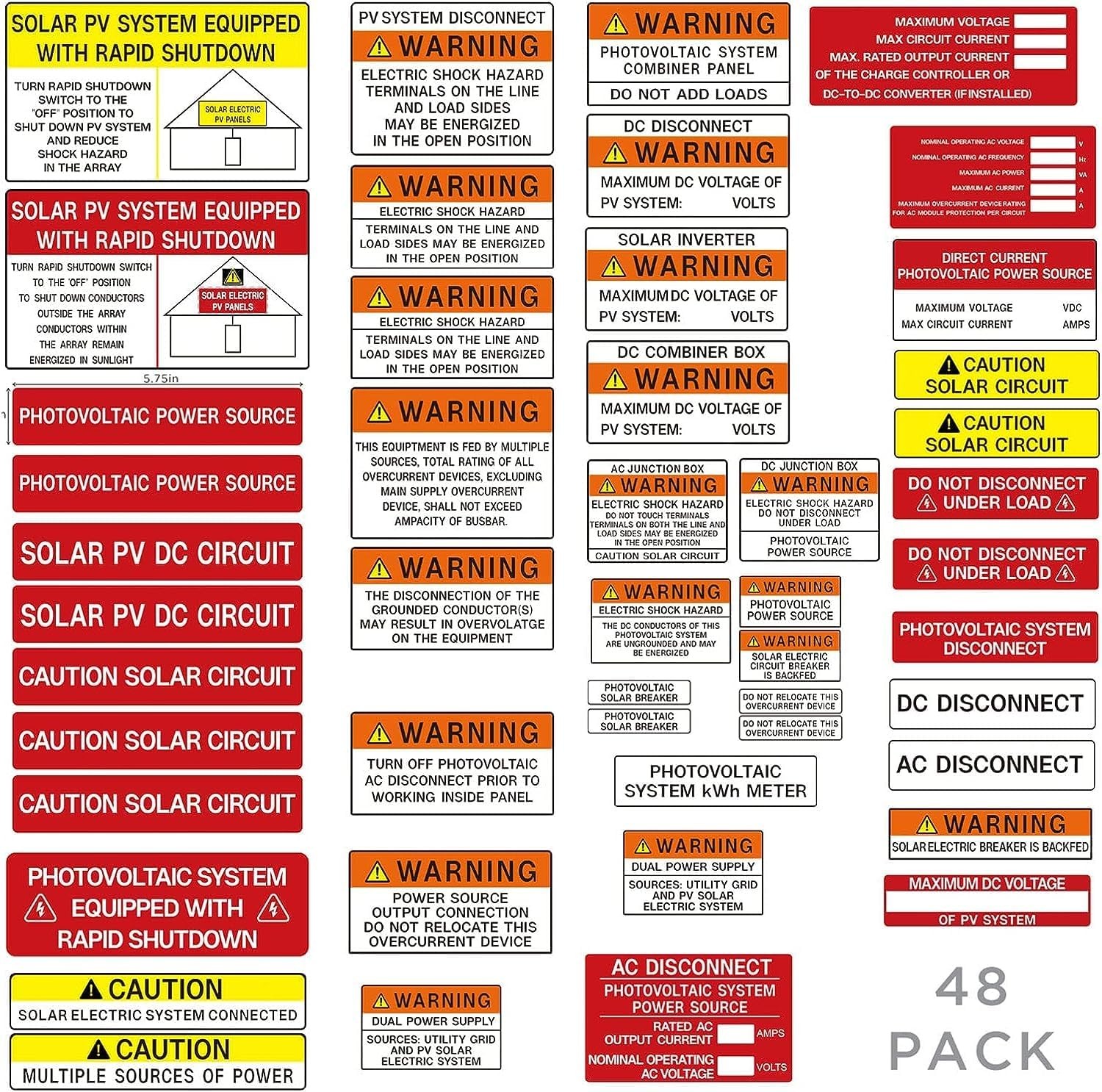 Photovoltaic Solar System Installer Label Kit | 2020 | 2017 Code | 48 Pack