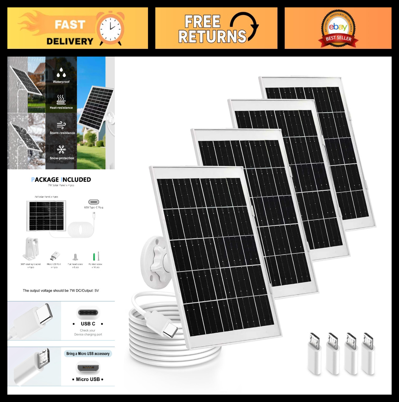 4 Pack 8W Solar Panel Charger for Arlo Essential Cameras & Pro 2K – Outdoor Use