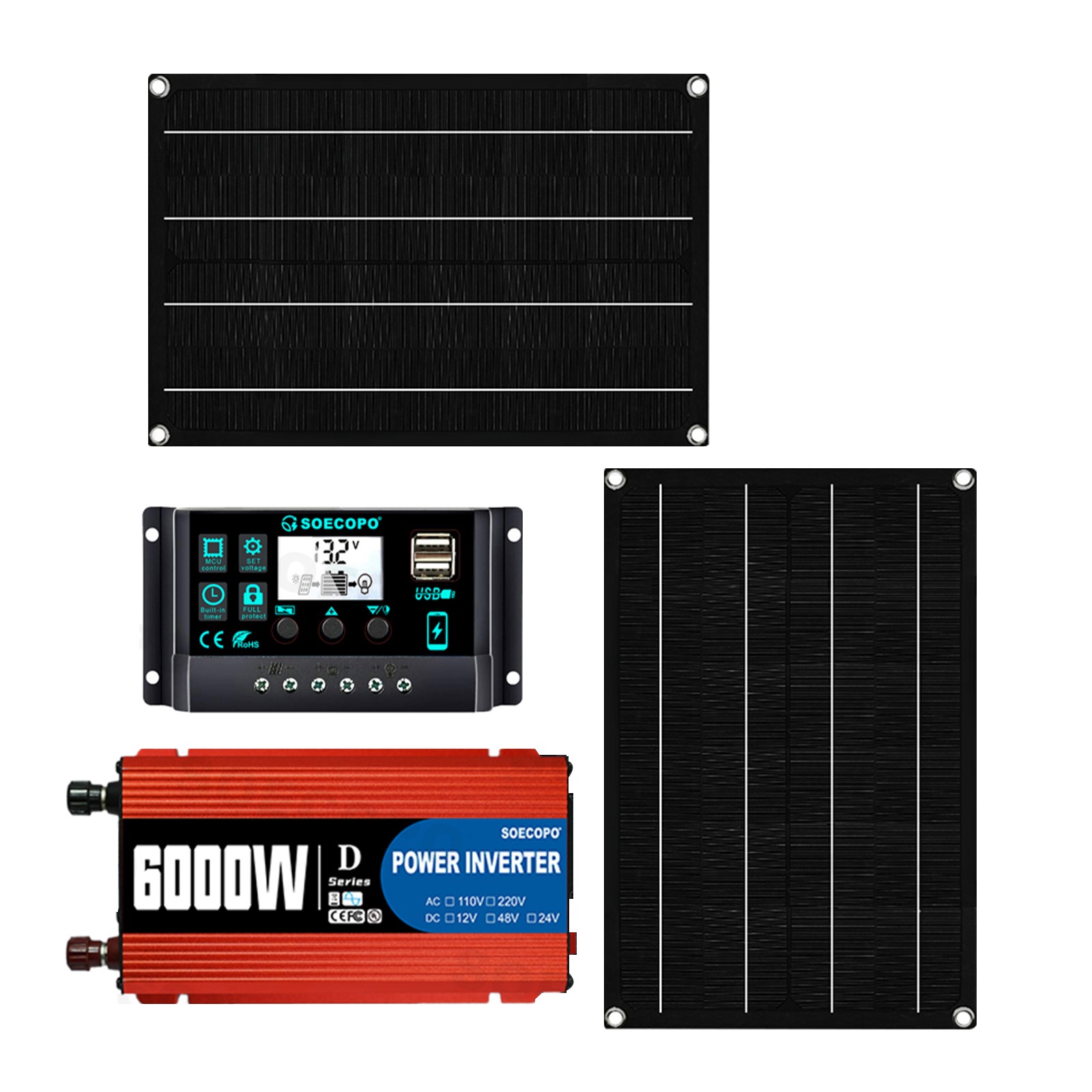 6000W Solar Kit DC12V-AC 110V/220V Inverter + 2pcs Solar Panels+ 100A Controller